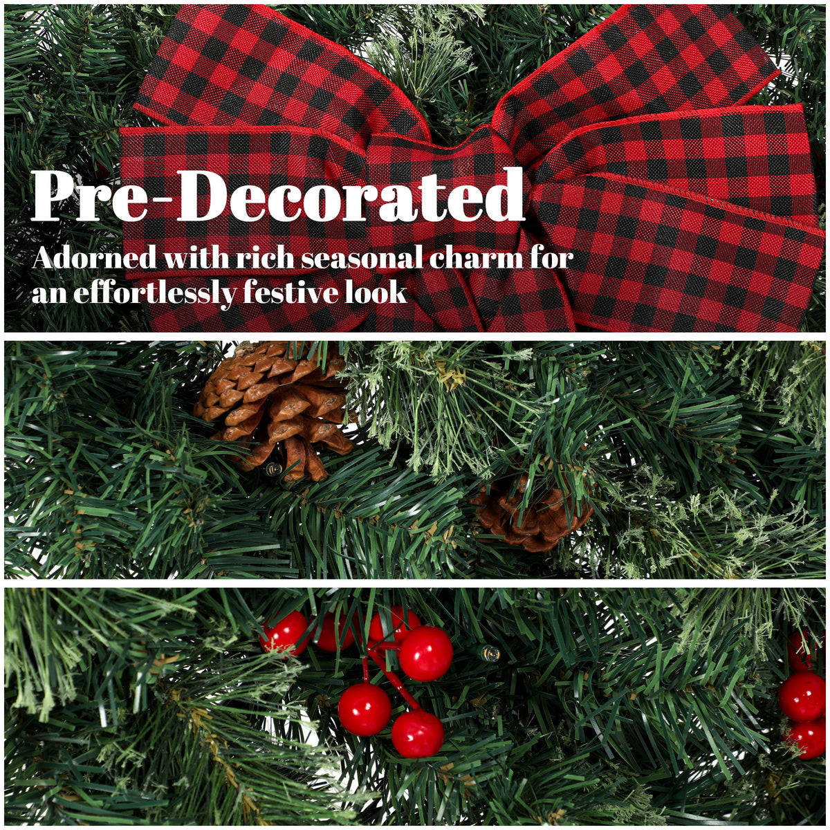 48" Prelit Crestwood Spruce Artificial Christmas Wreath, Christmas Decor with Bow, 8 Modes, Red Berries, Pinecones