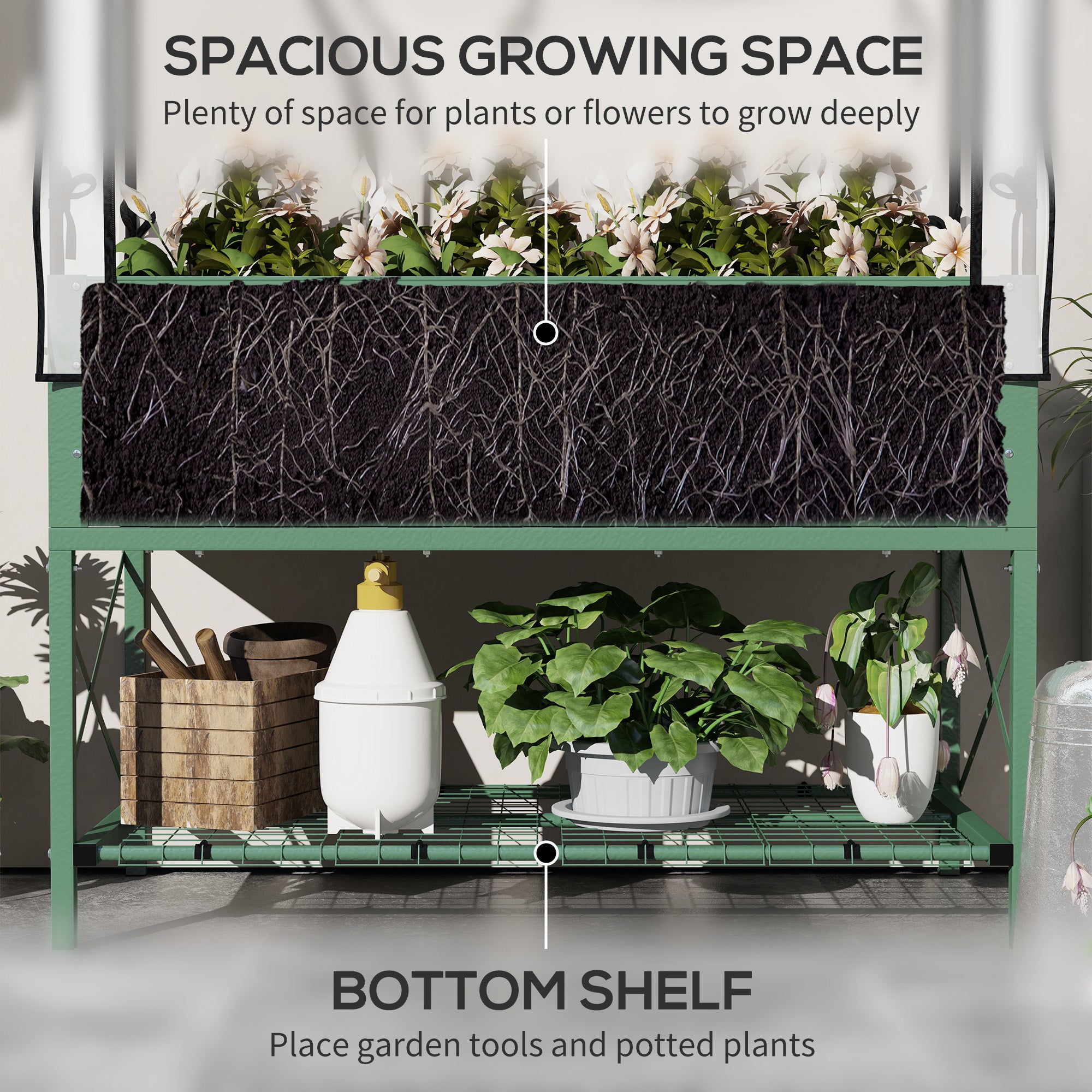 Raised Garden Bed with Legs and Cover, Metal Elevated Planter Box with Bottom Shelf and Liner for Vegetables, Green - Green - Image 5