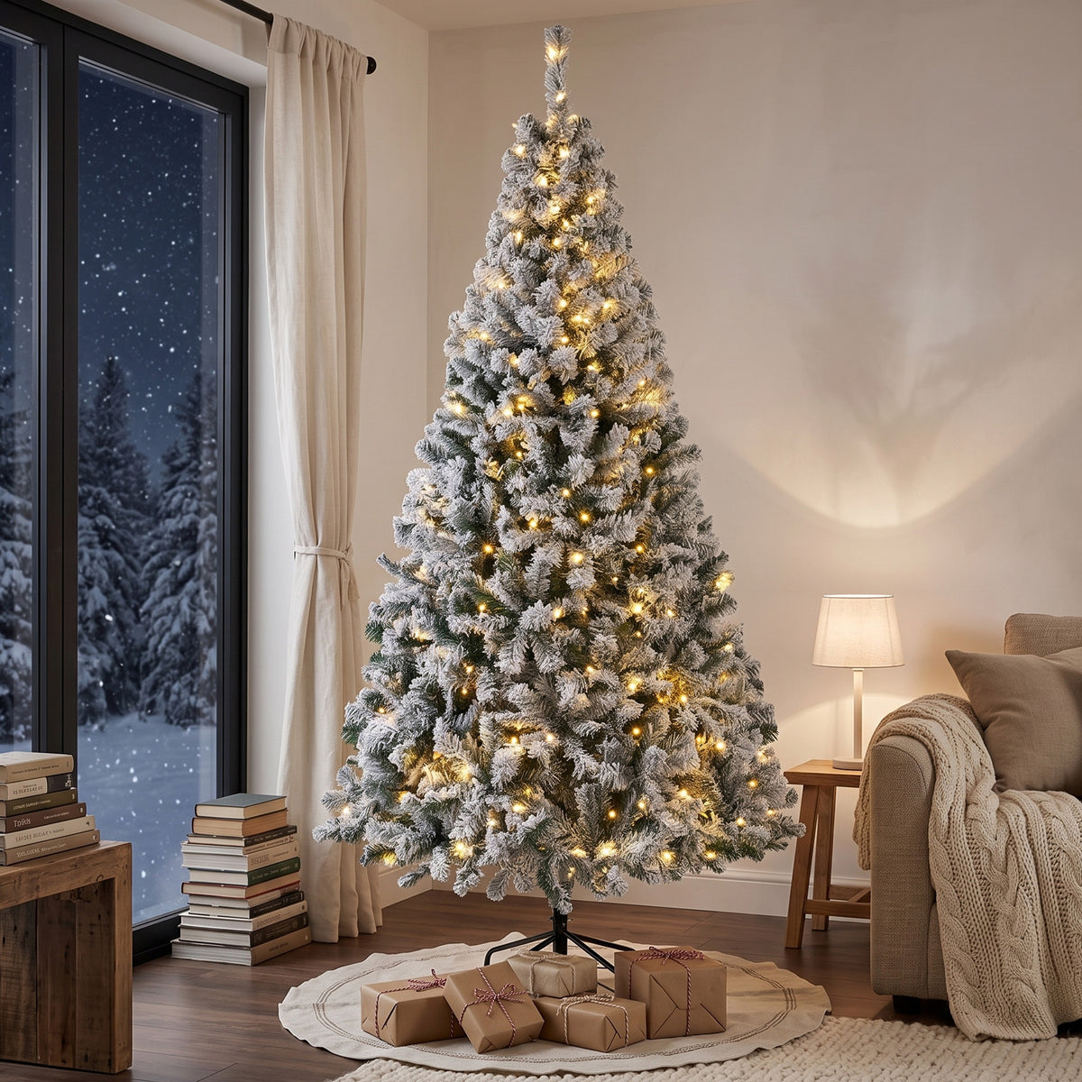 7.5ft Flocked Prelit Christmas Tree, Fraser Fir, Hinged Xmas Tree with LEDs, Foldable Metal Base, Green White
