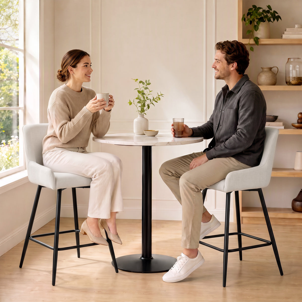 Kitchen Island Chairs Counter Height Bar Stools with Swivel Linen Seat and Footrest, Cream White