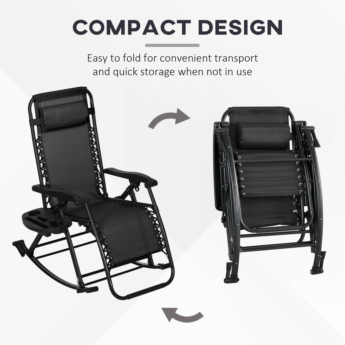 2 Outdoor Rocking Chairs Foldable Reclining Zero Gravity Lounge Rockers w/ Pillow Cup & Phone Holder, Black