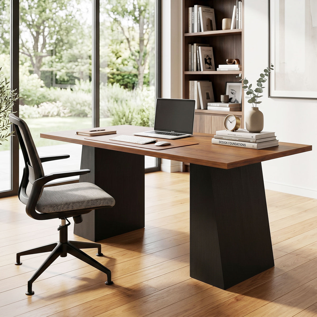 63 Inch Computer Desk with Trapezoidal Frame Light Walnut and Black