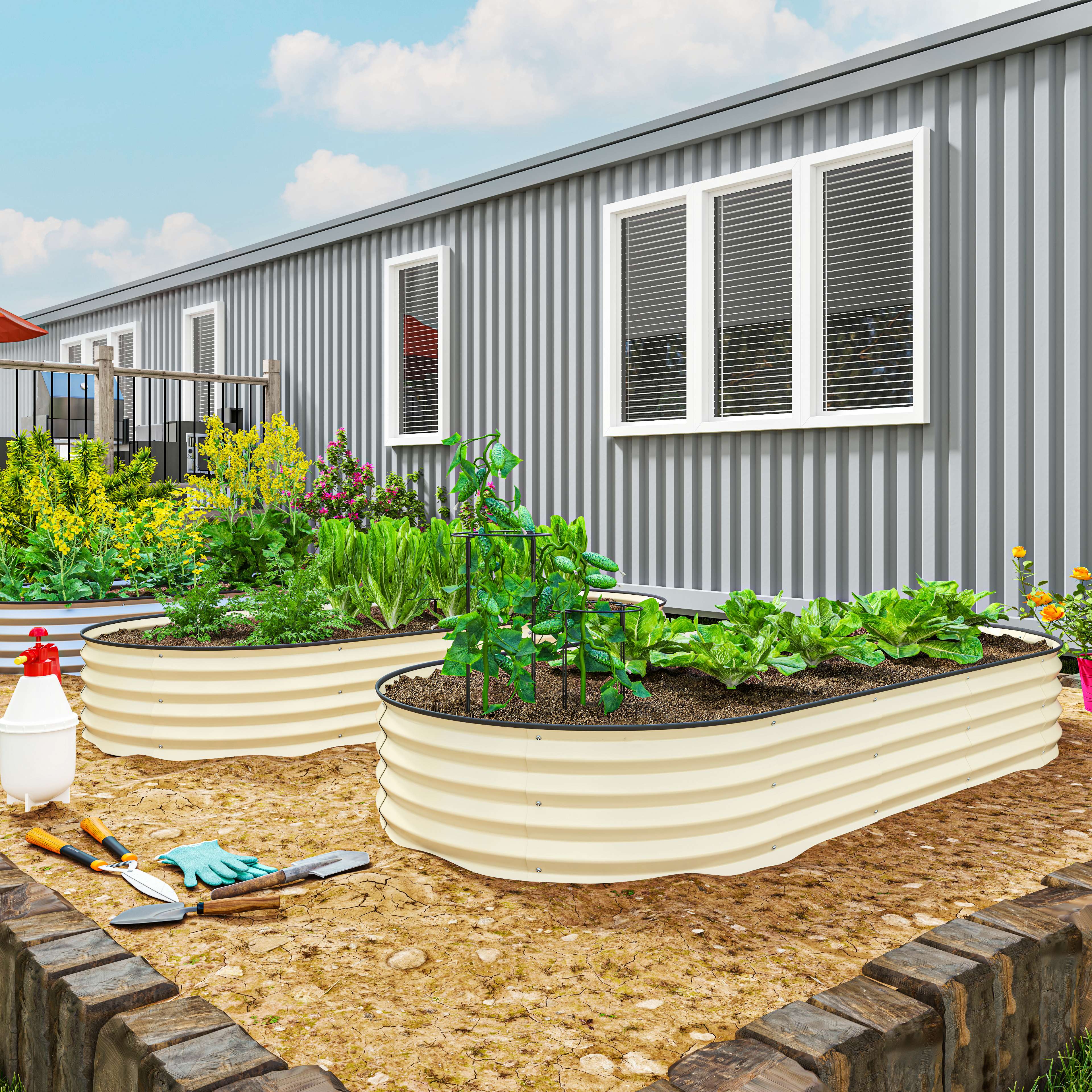 7' x 3' x 1' Raised Garden Bed Set, 2PCS Raised Beds for Gardening with Metal Plant Stakes, Cream White - Cream White - Image 2