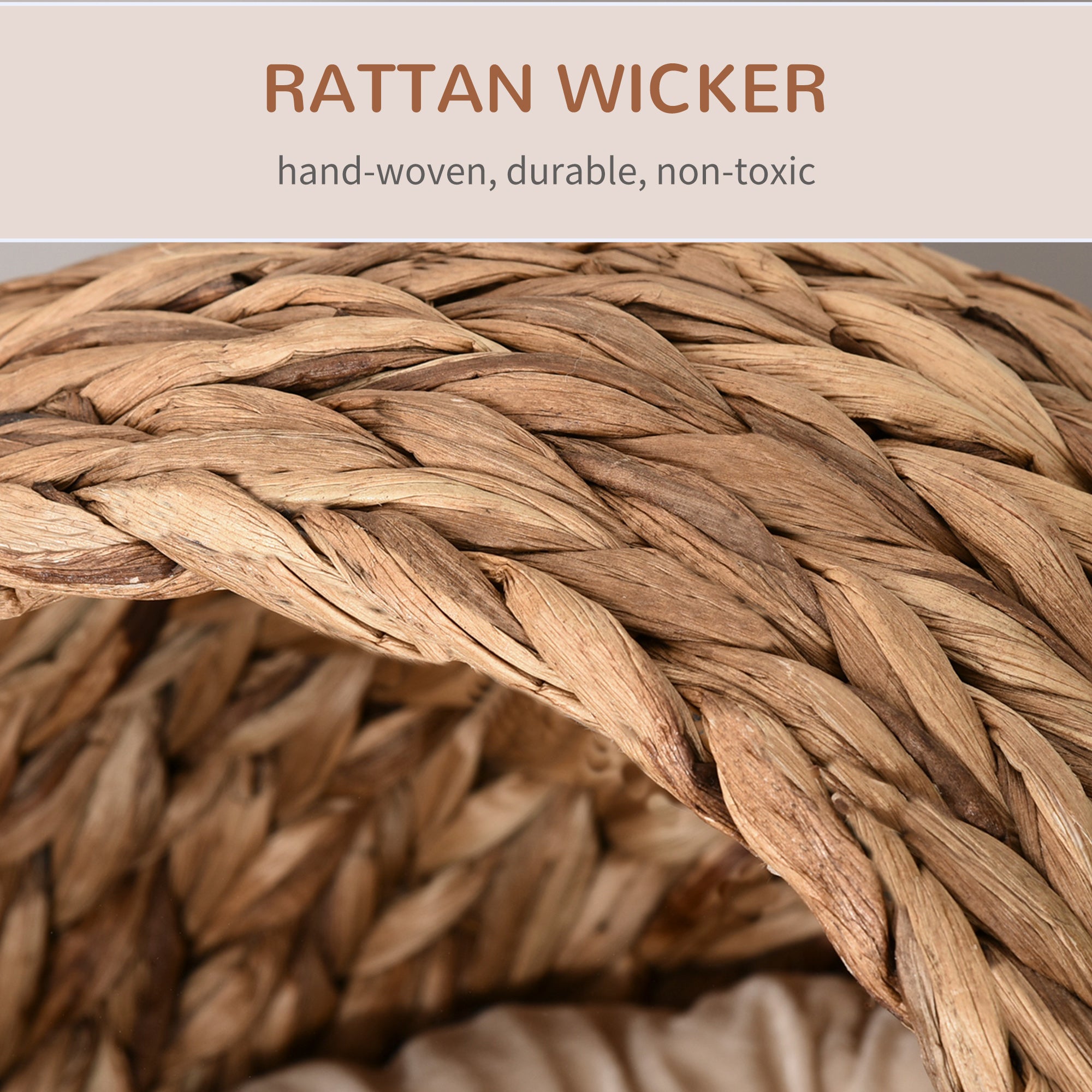 Handwoven Elevated Cat Bed with Soft Cushion & Egg Chair Shape, Basket Bed Kitty House with Stand, Raised Wicker House for Indoor Cats, 23.5" H, Light Brown - Brown - Image 5