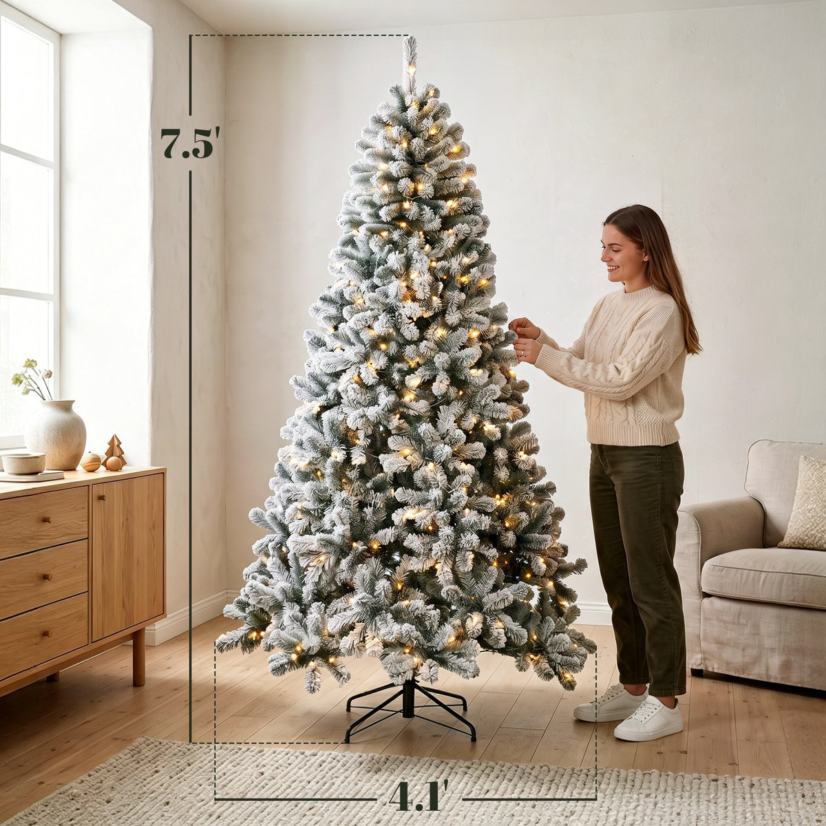 7.5ft Flocked Prelit Christmas Tree, Northern Pine, Artificial Xmas Tree with Curved Tips, LEDs