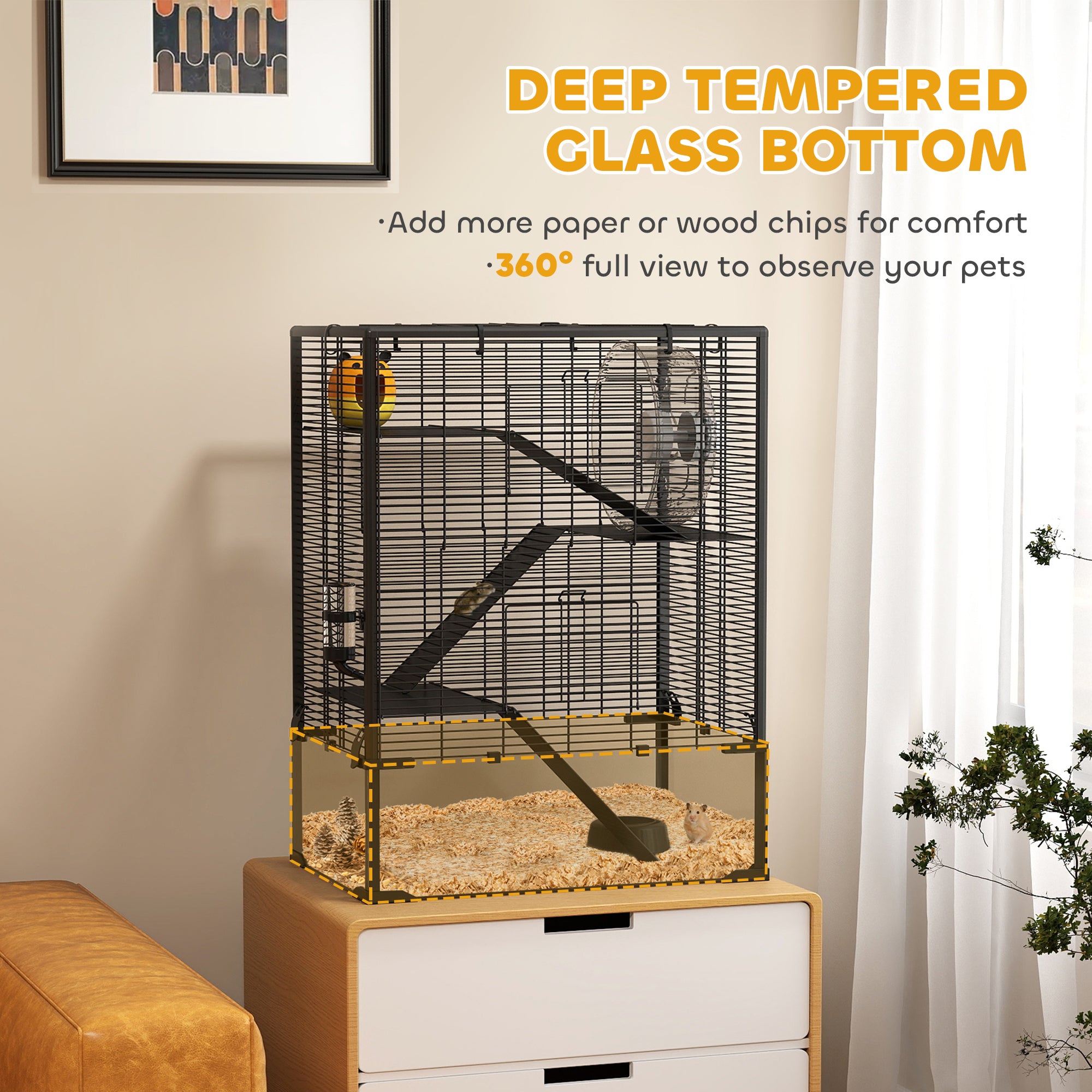 4 Tier Hamster Cage with Deep Tempered Glass Bottom, Running Wheel, Hut, Water Bottle, Food Dish, 24" x 16" x 31.5" - Black - Image 4