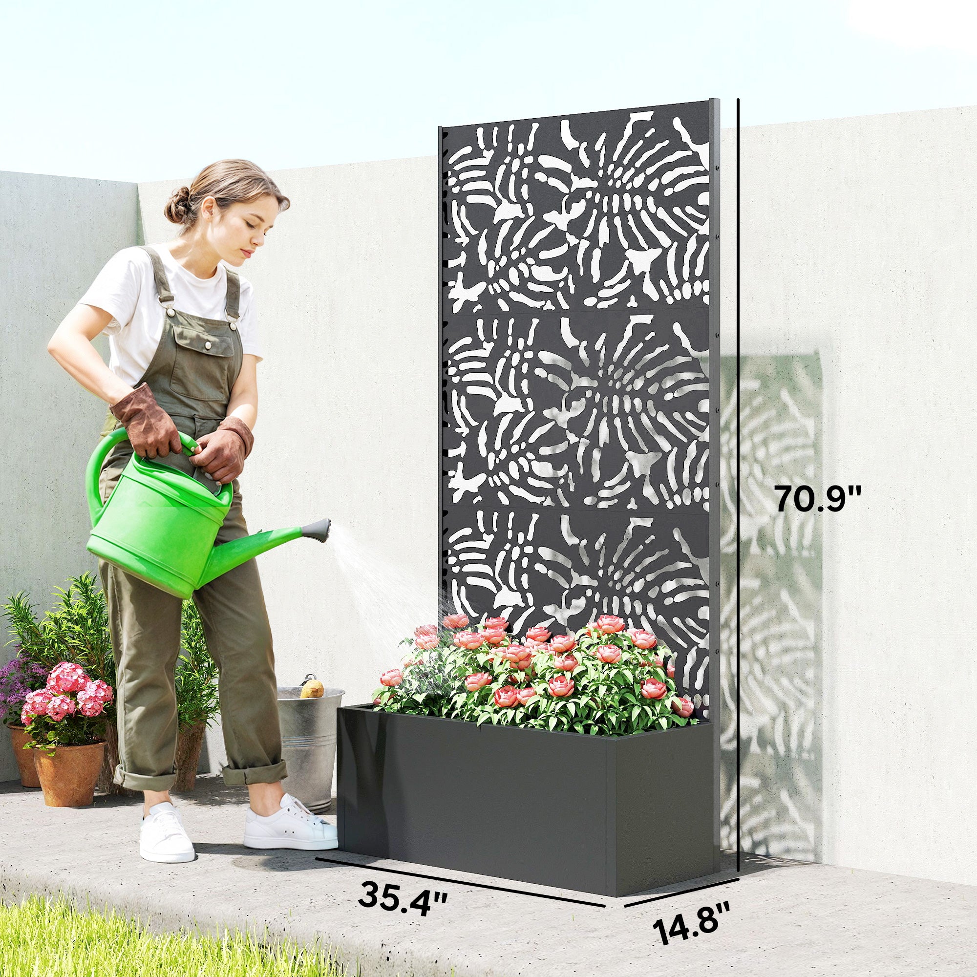 Metal Planter Box with Trellis, 71" Tall Raised Garden Bed with Privacy Screen and Drainage Holes, Banana-Leaf Cut-Outs - Black - Image 3
