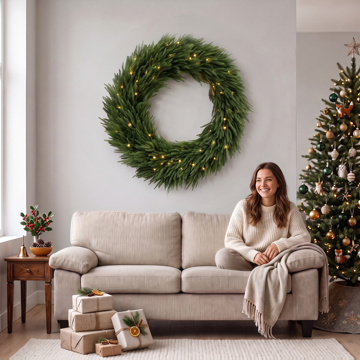 Christmas Decoration, 36 in Pre-Lit Norfolk Pine Artificial Christmas Wreath with 100 LED Lights, Green