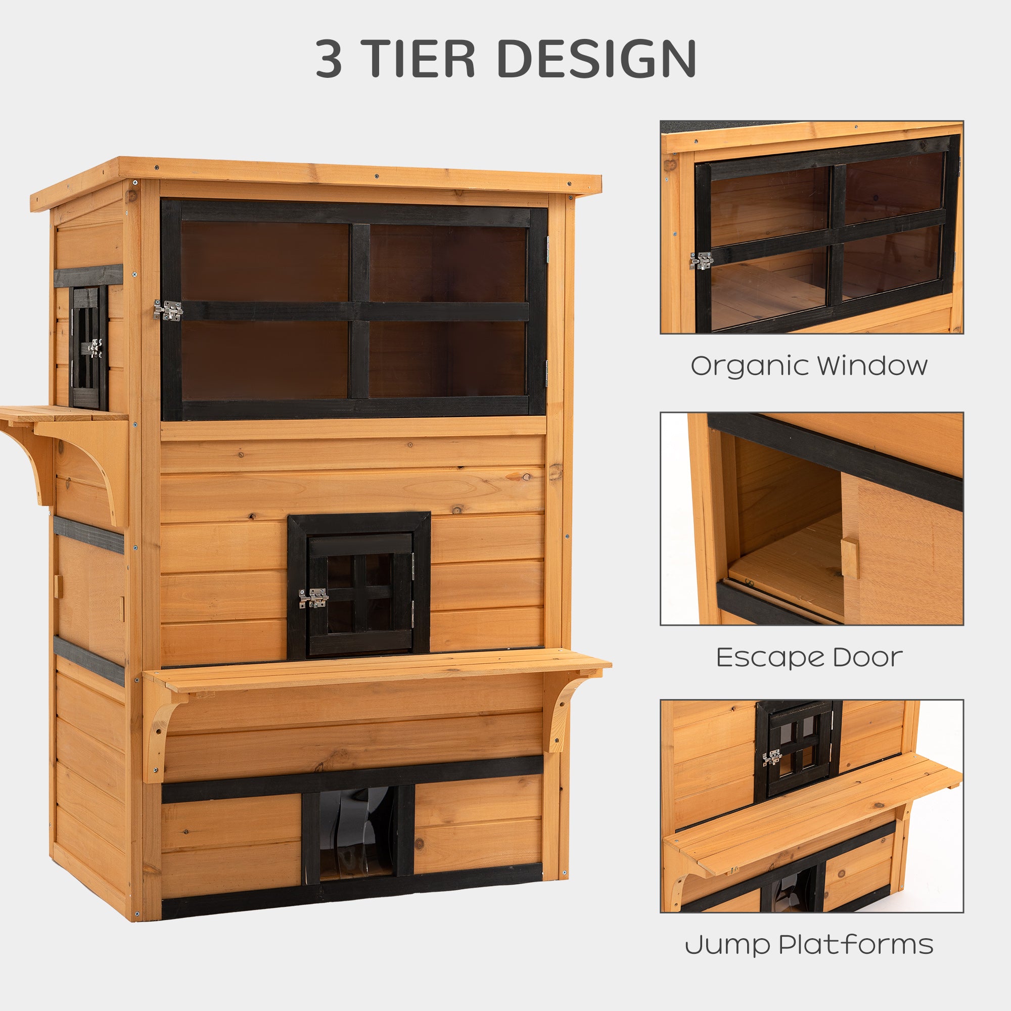 Outdoor Cat House, 3-Tier Kitty Shelter with 5 Escape Doors, Weather Resistant, Yellow & Black - Yellow - Image 4