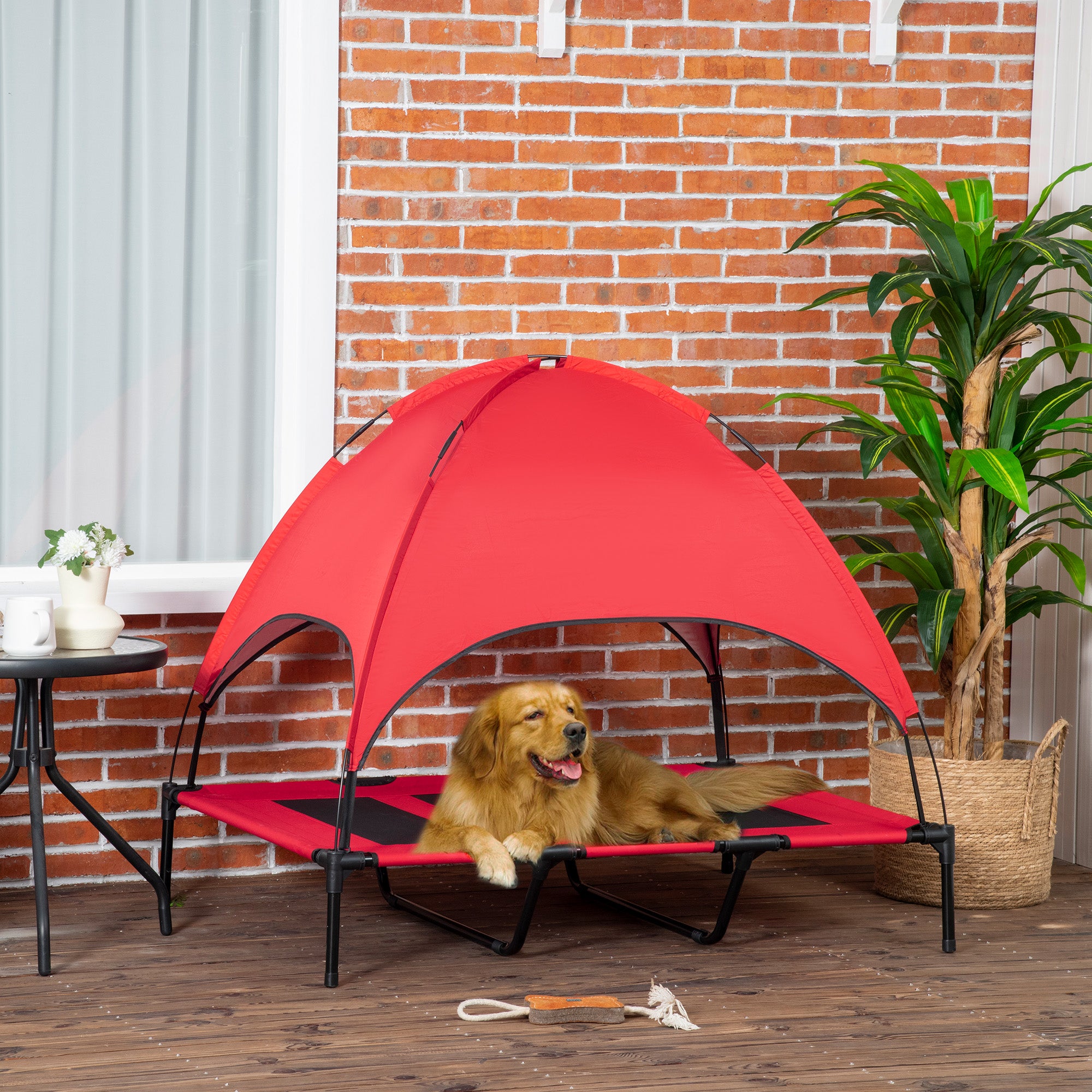 48" x 36" Elevated Portable Dog Cot Cooling Pet Bed with UV Protection Canopy Shade, Red - Red - Image 2