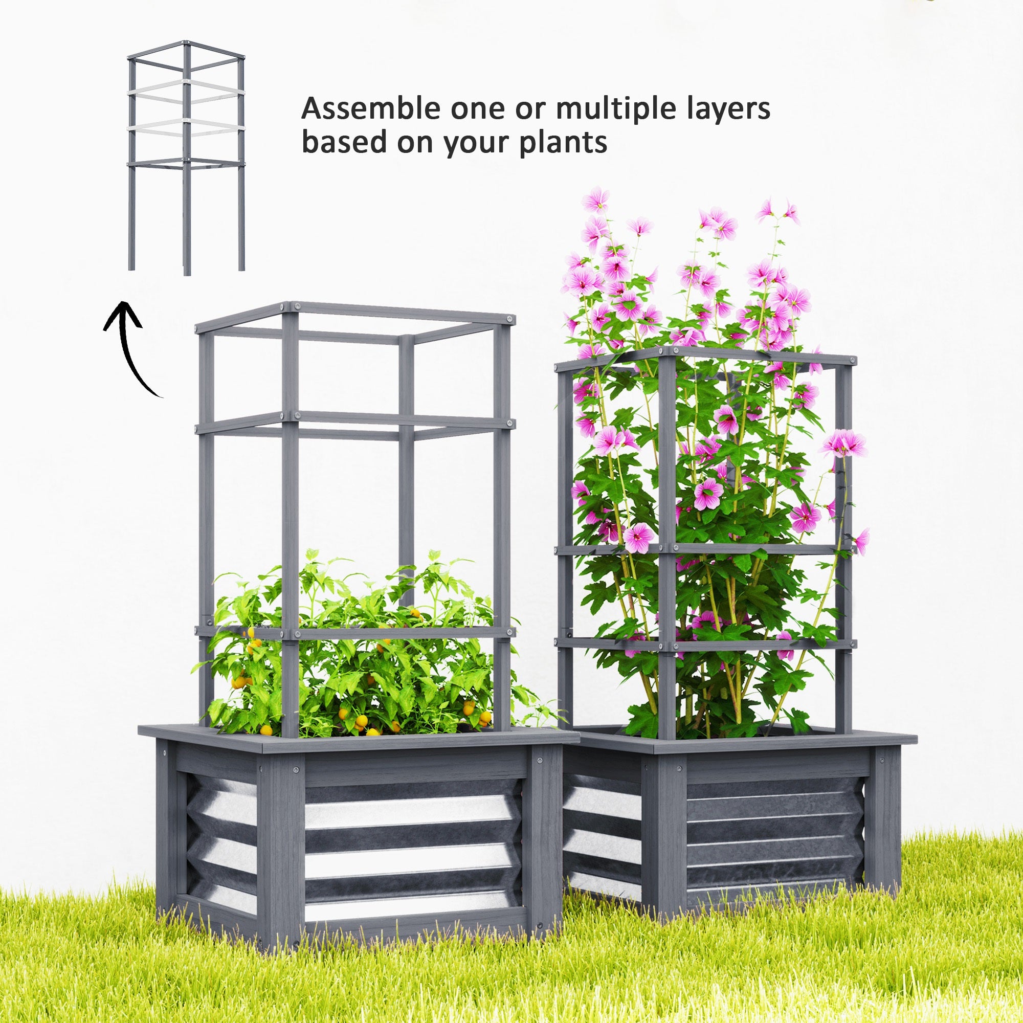 Wooden Raised Garden Bed with Trellis, Galvanized Planter Box Elevated Garden Bed for Garden, Patio, Gray - Gray - Image 5