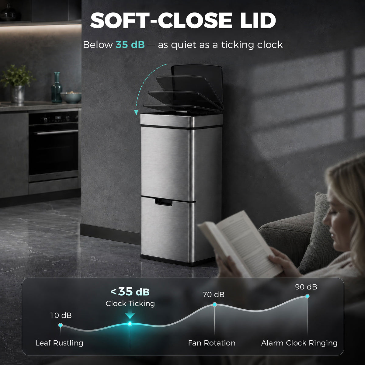 Kitchen Bin 3 Compartments Motion Sensor Trash Can Infrared Lid Stainless Steel 19 Gal Silver