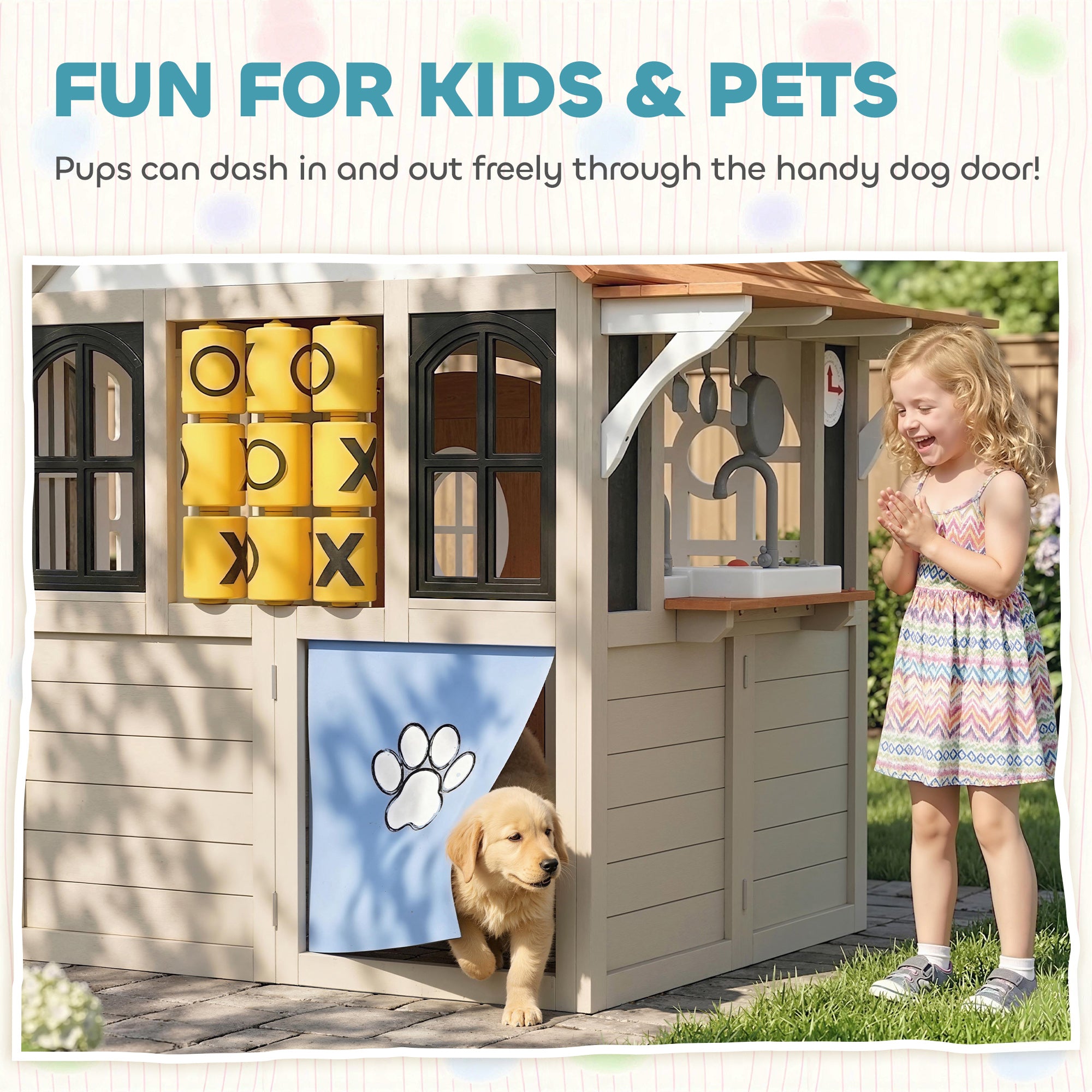 Outdoor Playhouse, Wooden Kids Playhouse with Dog Door, Cookware, Blackboard, Clock, Tic-Tac-Toe Roller for Backyard