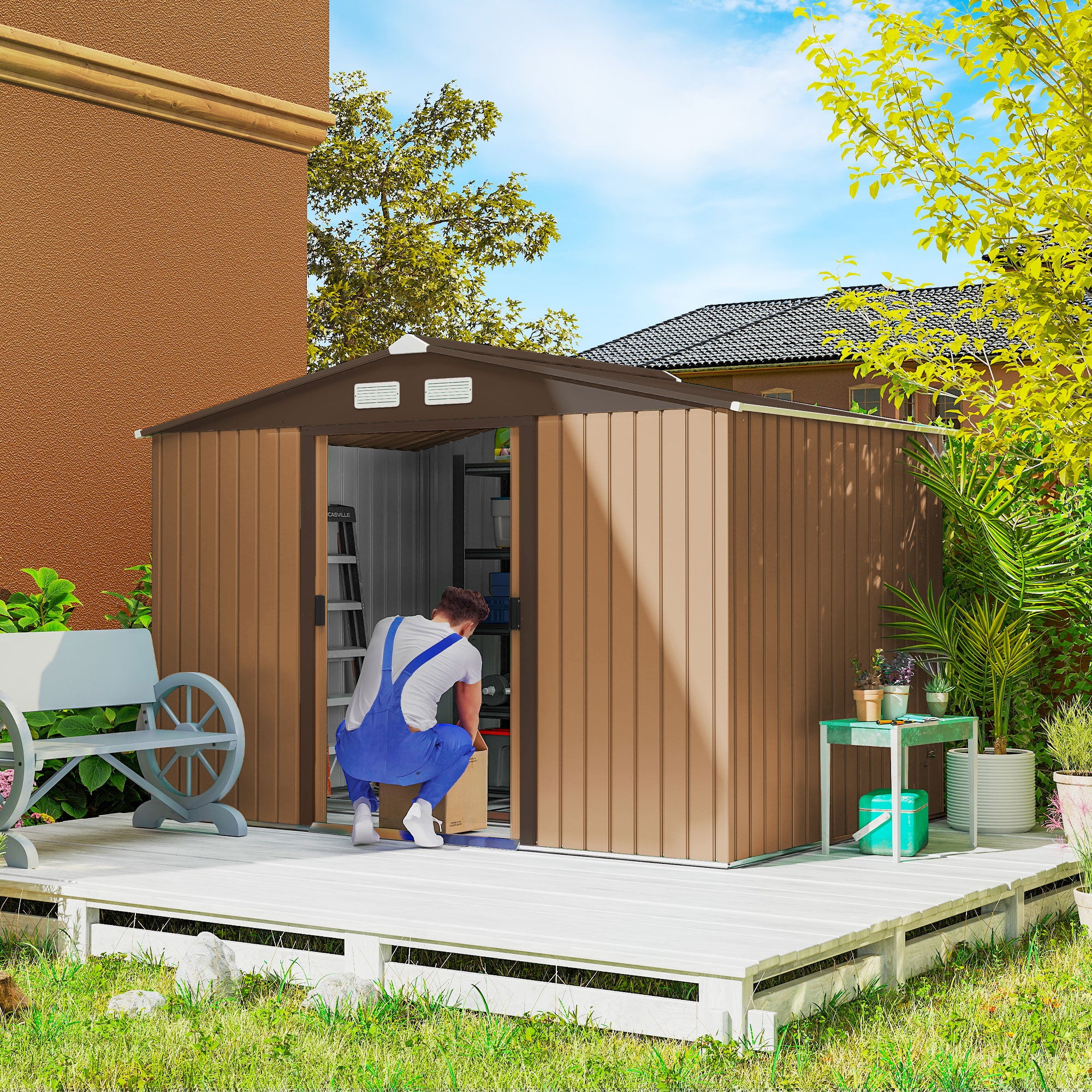 9' x 6' Outdoor Storage Shed, Garden Tool Metal Shed with Foundation Kit, Double Lockable Door, Air Vents and Sloping Roof, for Backyard, Patio, Lawn, Yellow - Yellow - Image 2