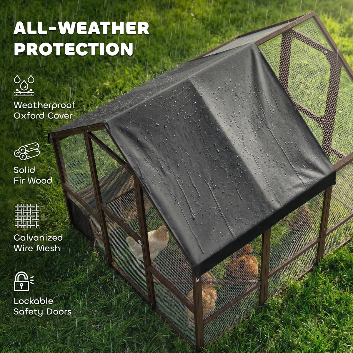 Large Wooden Chicken Coop for 8-10 Hens, Walk-in Chicken Run with Waterproof Cover, Nesting Boxes and Perches
