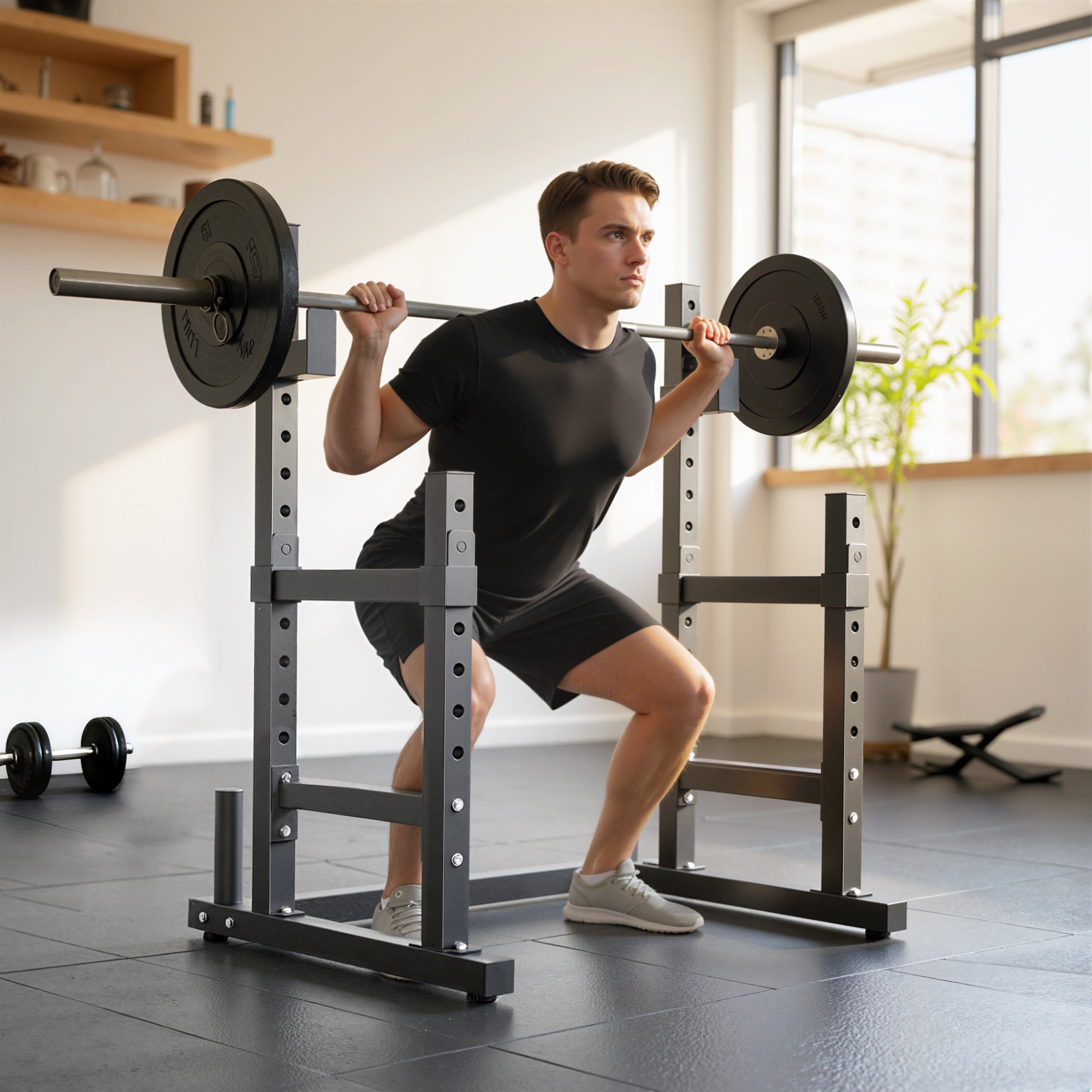 Adjustable Squat Rack, 660lbs Multi-Functional Bench Press Rack for Weight Lifting Home Gym Strength Training, Black