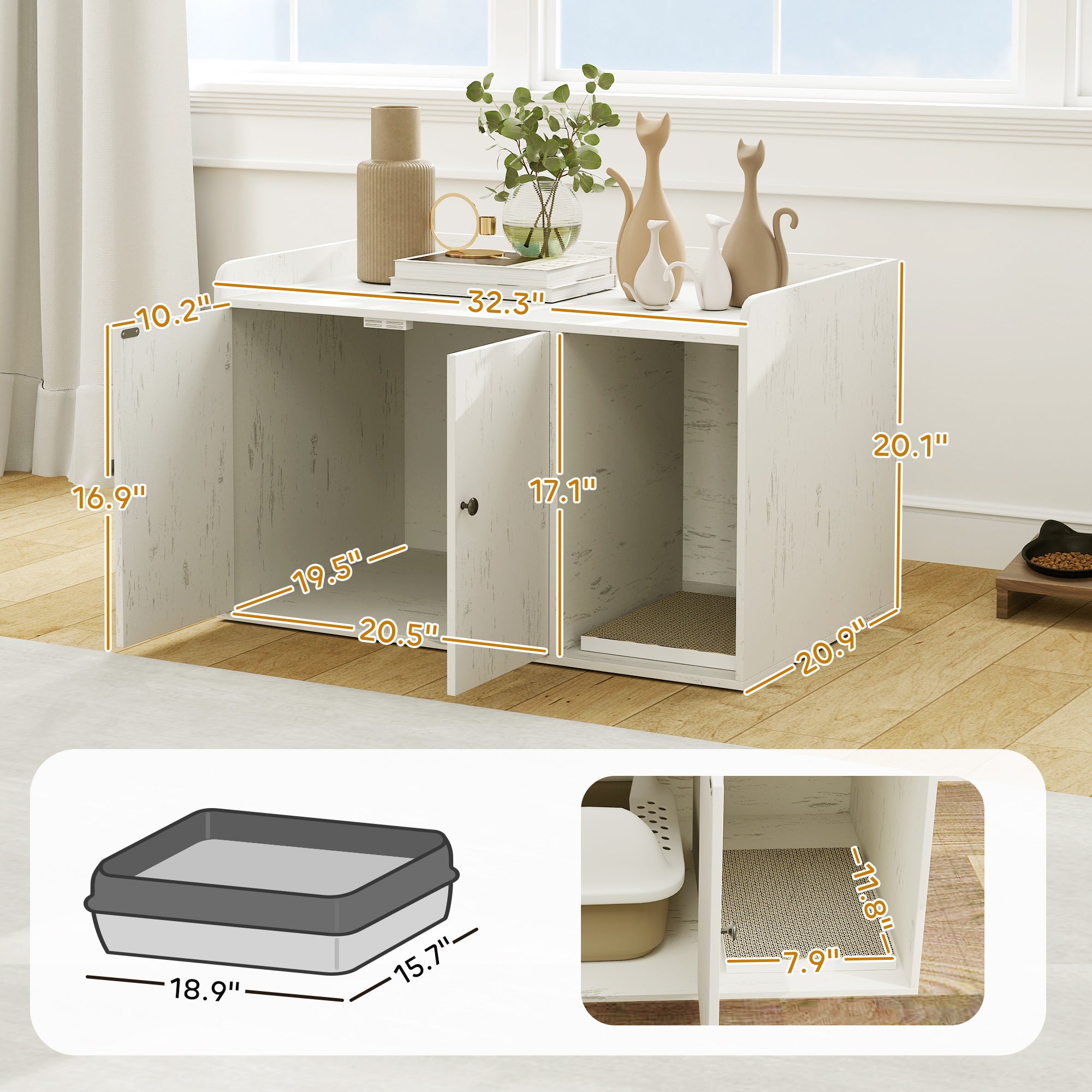 32" Cat Litter Box Enclosure with Scratching Mat, Cat Entrance, Fit Most of Cat and Litter Box, Distressed White - White - Image 3