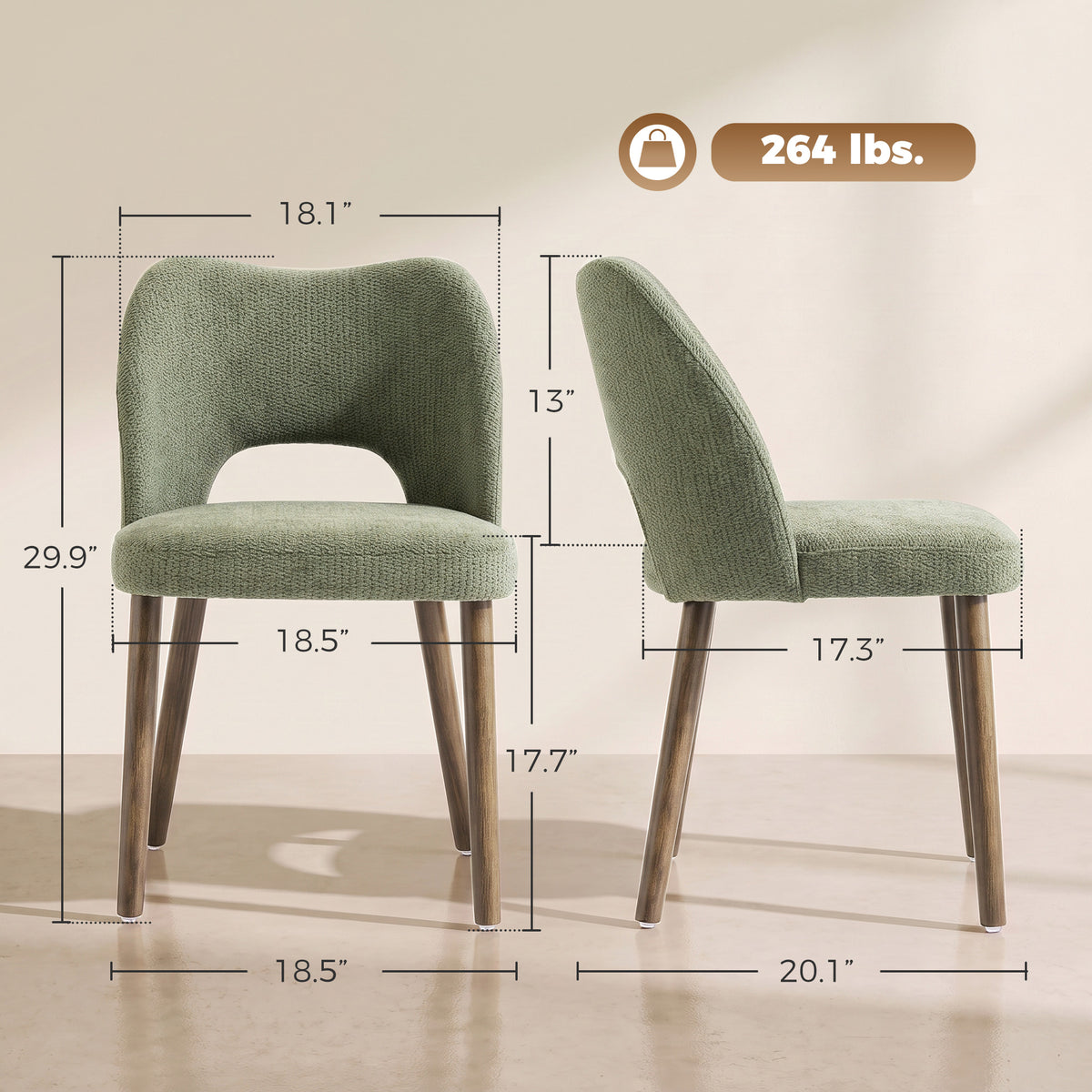 Dining Chairs Set Upholstered Kitchen Chenille Tool Free Assembly Rubberwood Legs, Green