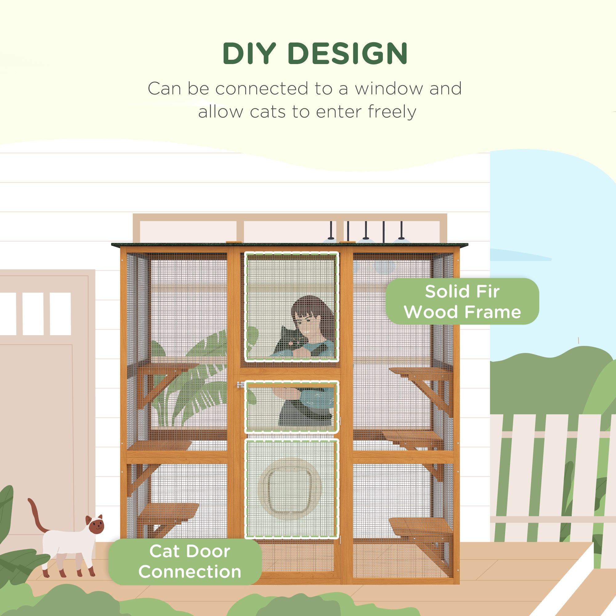 Outdoor Cat House Big Catio Wooden Feral Cat Shelter Enclosure with Large Spacious Interior, 6 High Ledges, Weather Protection Asphalt Roof, 71" L, Orange - Orange - Image 4