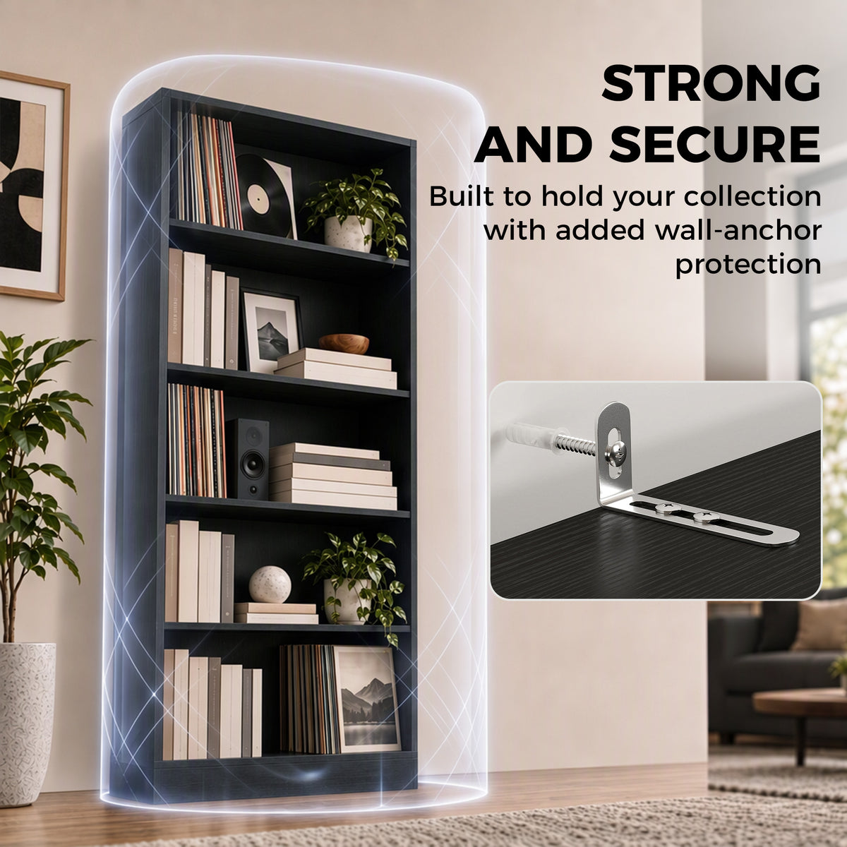 Bookshelf with LED Lights, 5-Tier Bookcase, Cable Holes, for Living Room, Study, Black Wood Grain