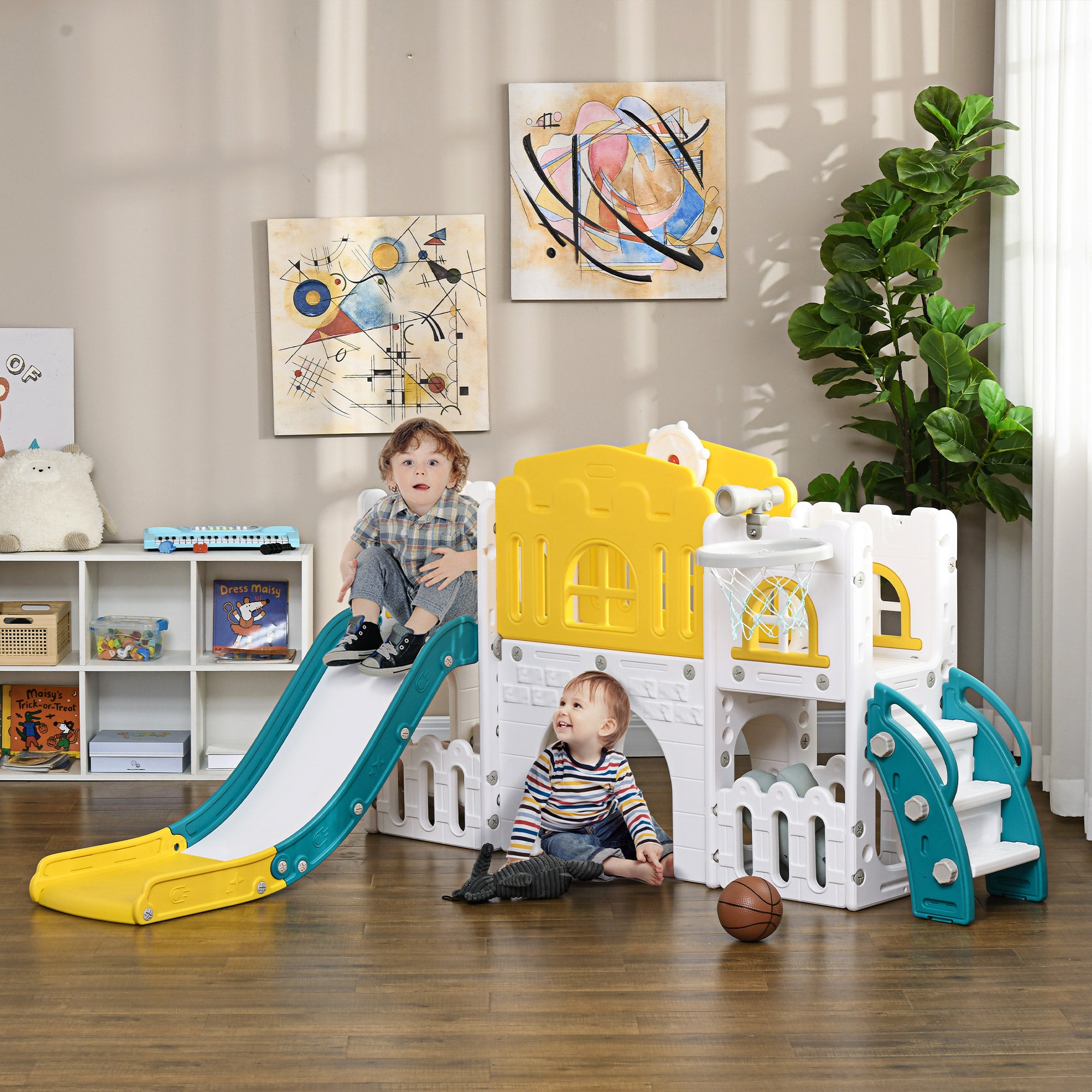 8 in 1 Toddler Slide for Kids Age 1-3 Years with Basketball Hoop, Climber, Telescope, Tunnel, Steering Wheel, Aisle