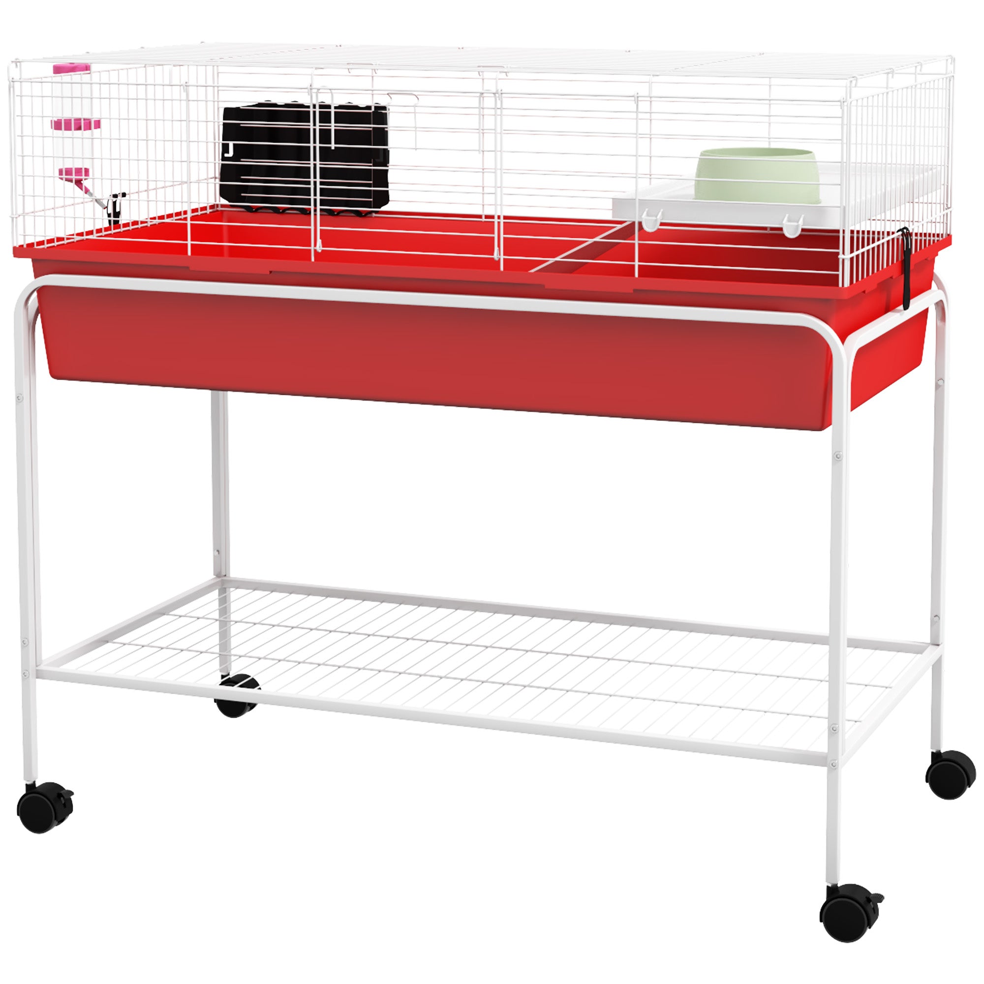 Two-Story Small Animal Cage Removable from Stand, Pet Habitat with Shelf & Wheels, 39" x 20.5" x 36.5", Red - Red