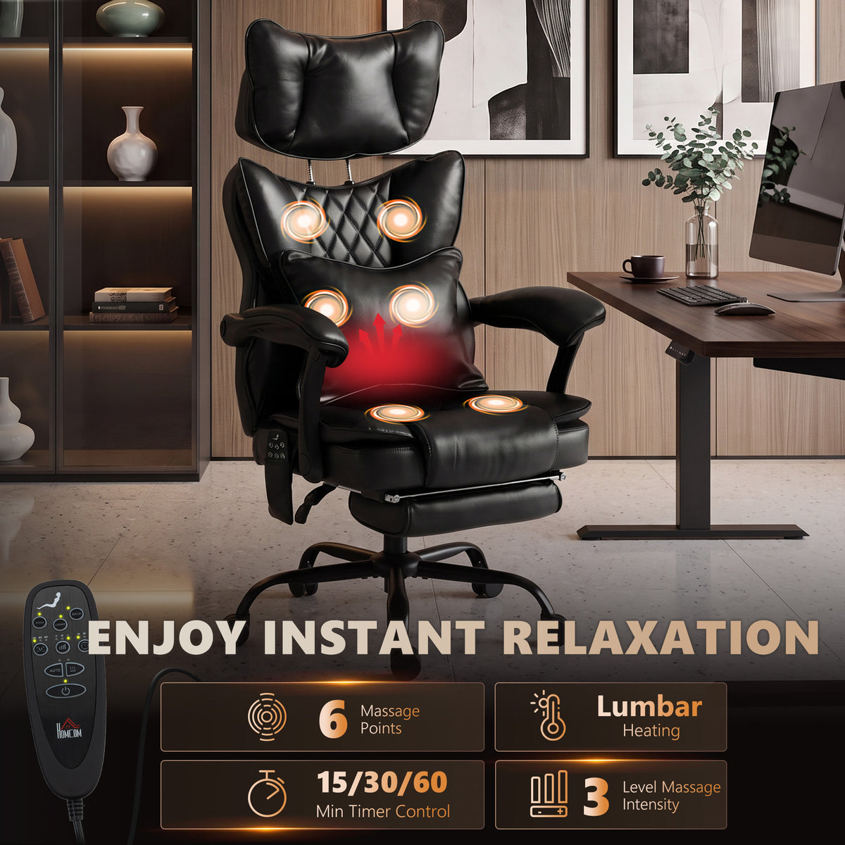 High Back Vibration Massage Office Chair, Heated Reclining PU Leather Computer Chair with Headrest, Black