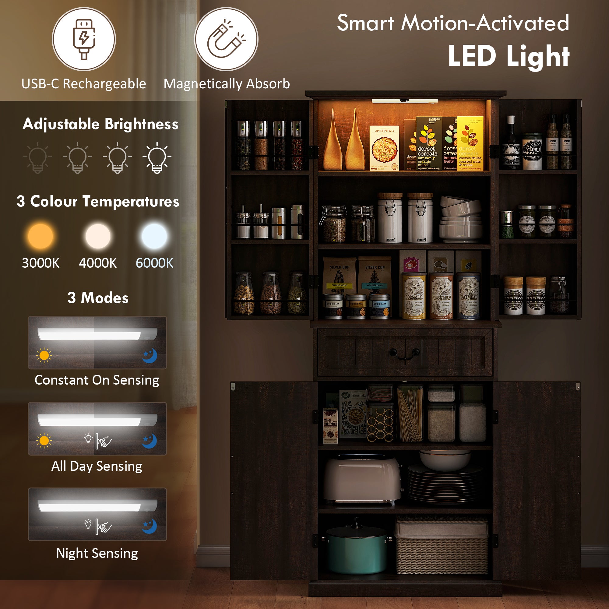 71" LED Kitchen Pantry Cabinet, Farmhouse Storage Cabinet with Door Shelves, Distressed Brown