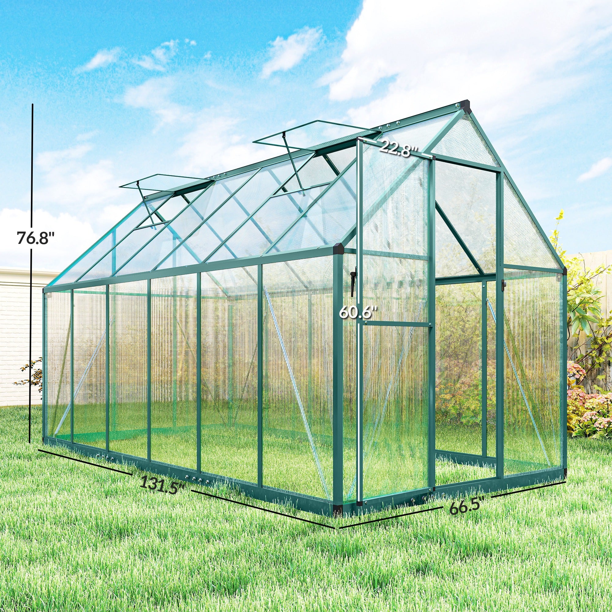 Polycarbonate Greenhouse with Swing Door and Two Adjustable Roof Vents, Aluminum Walk-in Greenhouse, 11x6 ft, Dark Green - Dark Green - Image 3