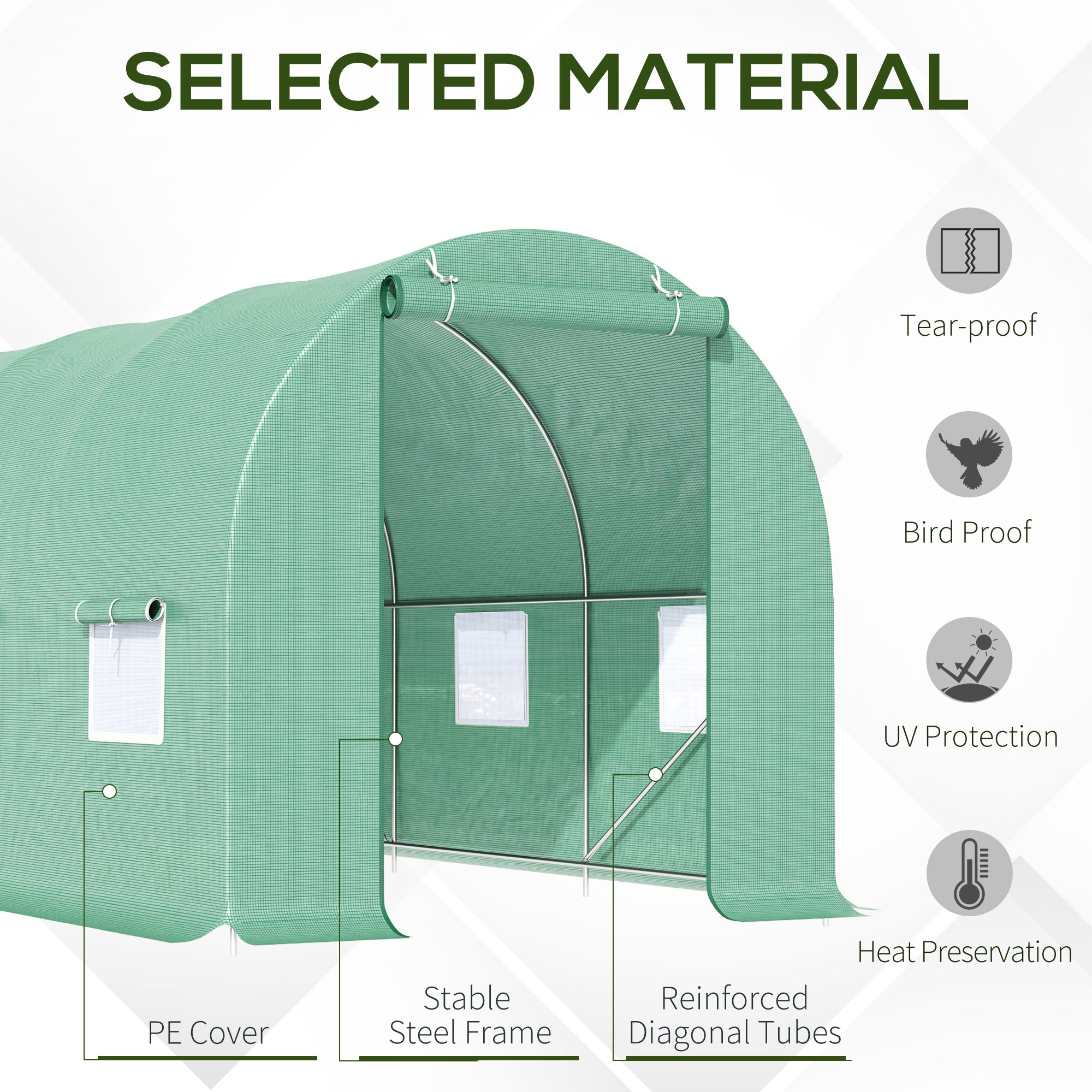 15' x 7' x 7' Walk-in Tunnel Hoop Greenhouse, Green House for Outside with PE Cover, Steel Frame, Roll-Up Zipper Door & Windows for Flowers, Vegetables, Tropical Plants, Green - Green - Image 4