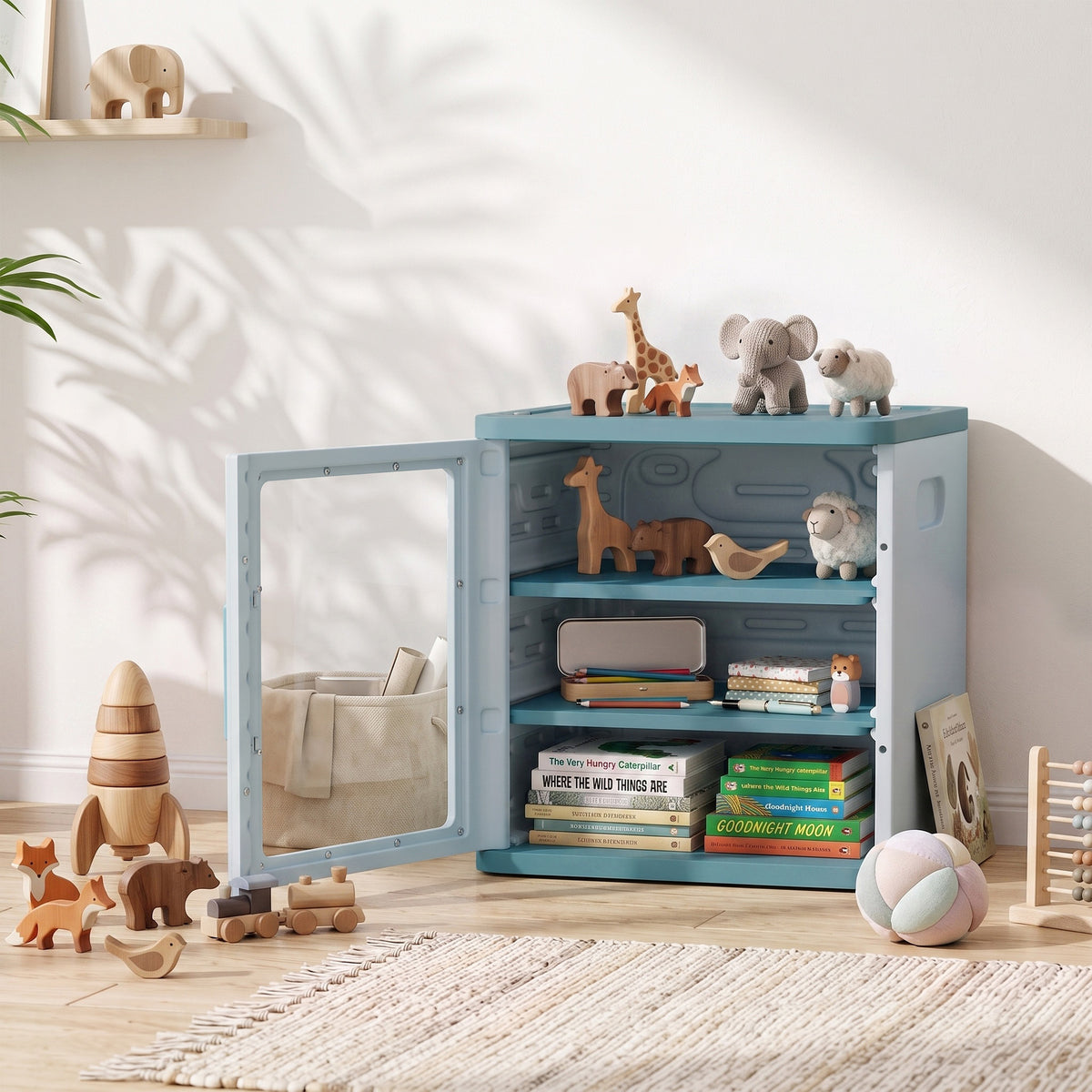 Toy Storage Organizer, 3 Tier Adjustable Toy Storage Cabinet Dustproof HDPE Plastic, Transparent Door, Light Blue