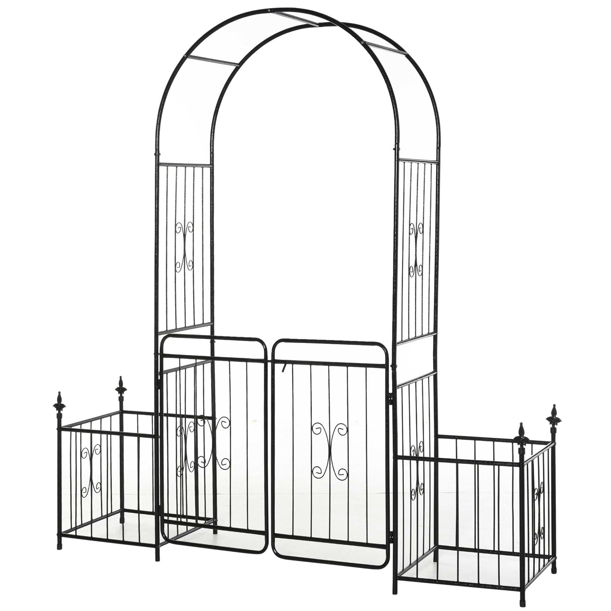 86" Garden Arch Arbor, Metal Arch Trellis with Gate and Planter Baskets, Garden Archway for Climbing Vines, Wedding Ceremony Decoration, Flourishes & Arrow Tips, Black - Black