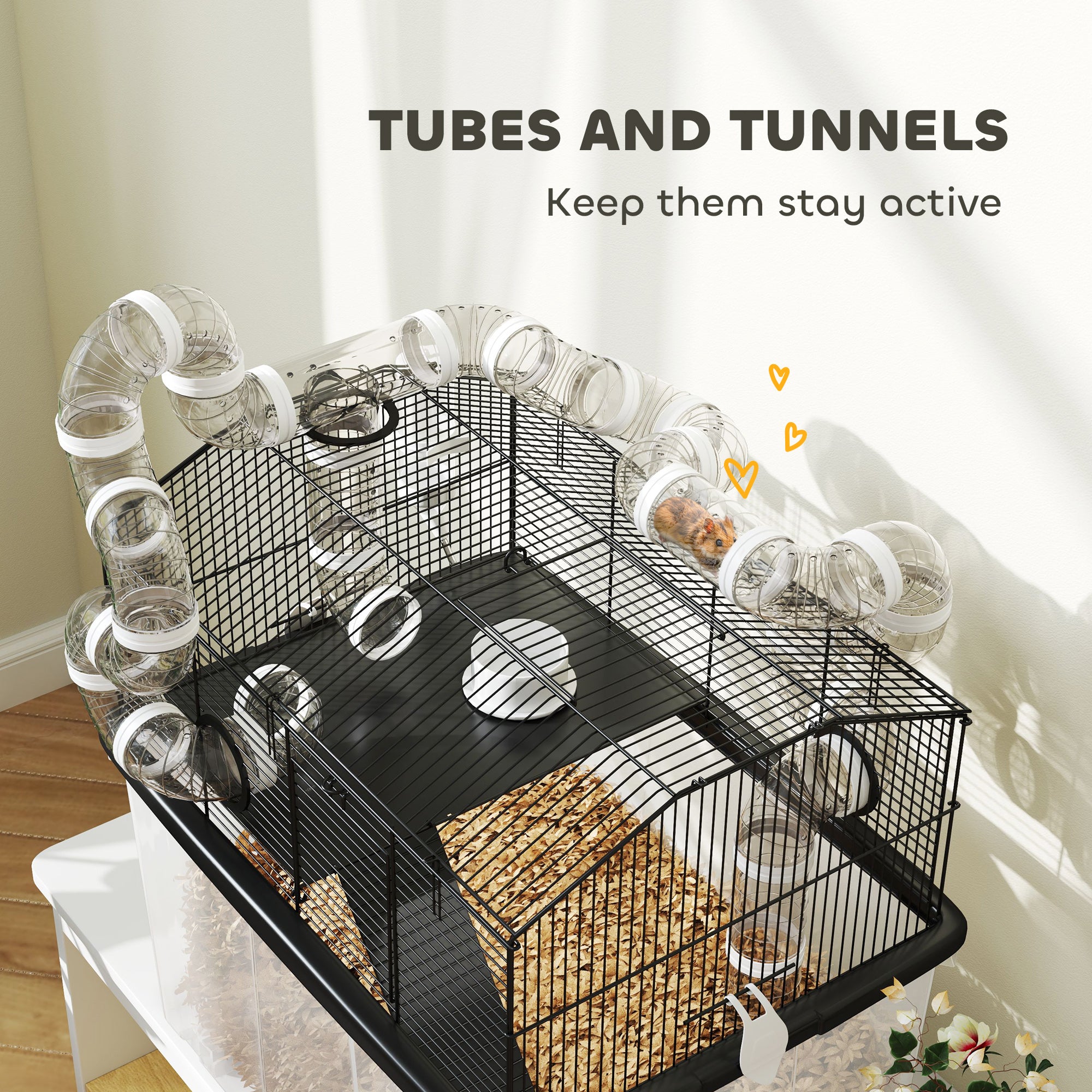 2 Tier Hamster Cage with 12" Deep Tray, Tube System, Water Bottle, Ramp, Feeding Bowl, 23" x 17" x 22", Black - Black - Image 6