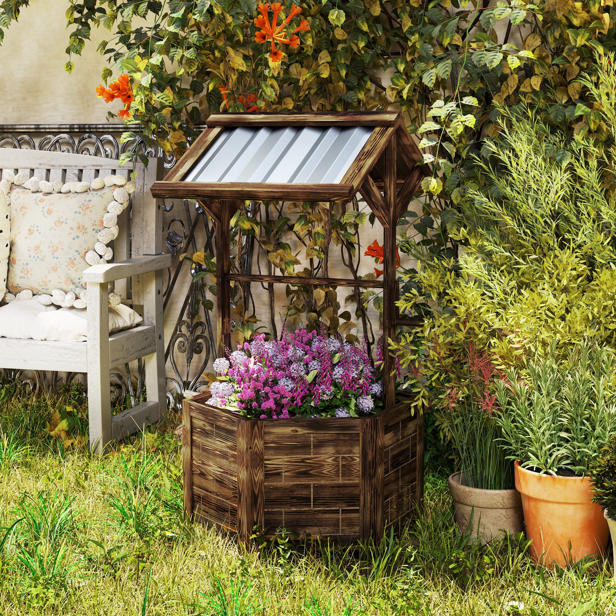 Wooden Wishing Well Planter, Raised Garden Bed with Galvanized Canopy, Hexagon Raised Flower Bed for Garden, Tan - Tan - Image 2