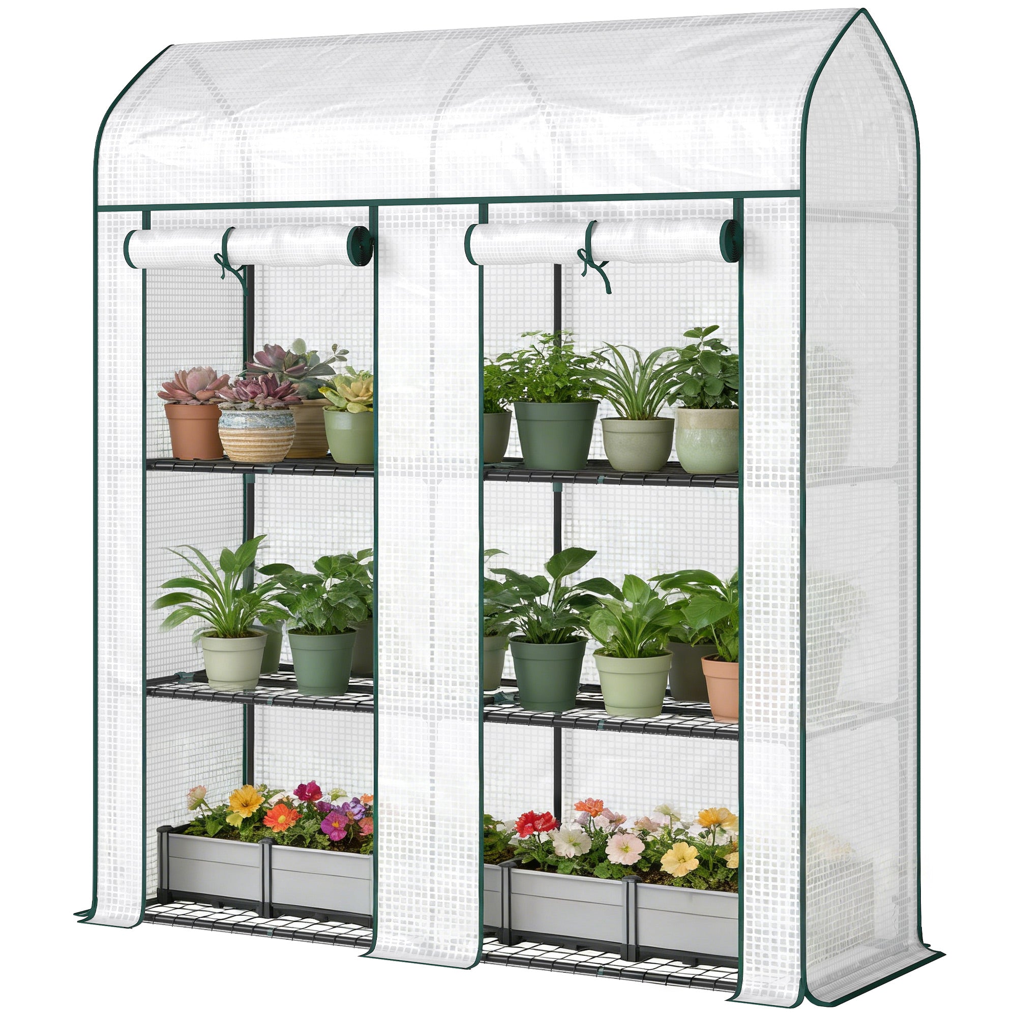 3 Tier Mini Greenhouse, Small Portable Greenhouse with 2 Roll-up Doors, 56.3" x 18.1" x 65", White - White