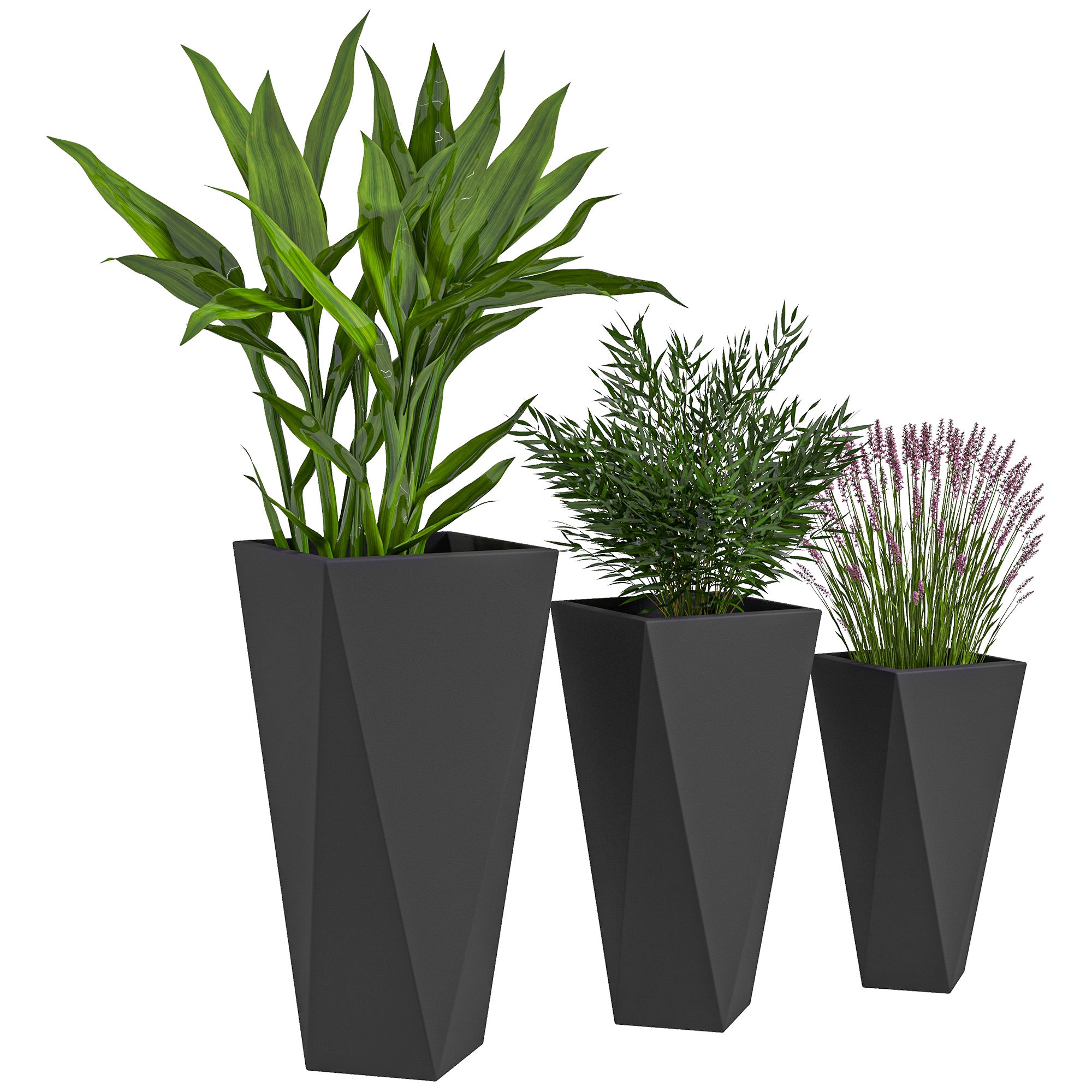 Indoor Outdoor Planters Set of 3 MgO Tall Planters Stackable Flower Pots with Drainage Holes for Garden, Balcony, Black - Black