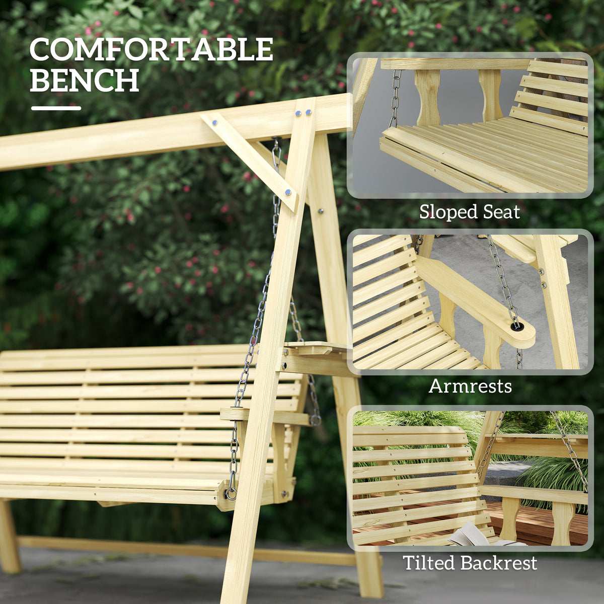 3 Seat Wooden Porch Swing with Stand, Patio Swing with Side Tables, for Garden, Poolside, Backyard, Natural Wood