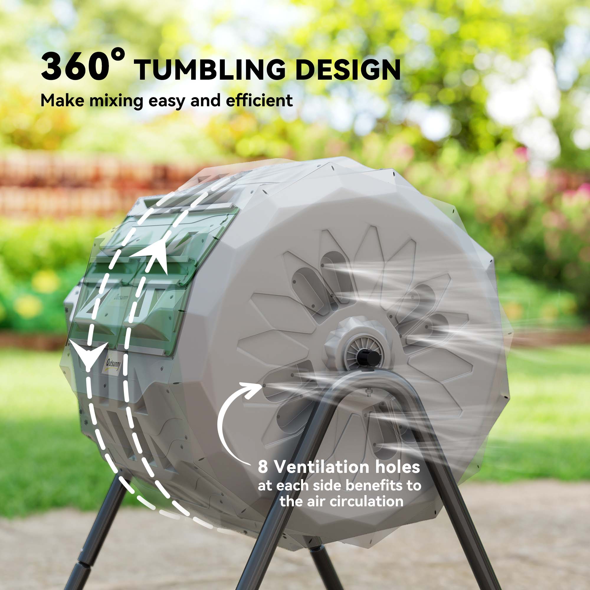 Tumbling Compost Bin Outdoor 360° Dual Chamber Rotating Composter 43 Gallon, Light Gray - Light Gray - Image 5