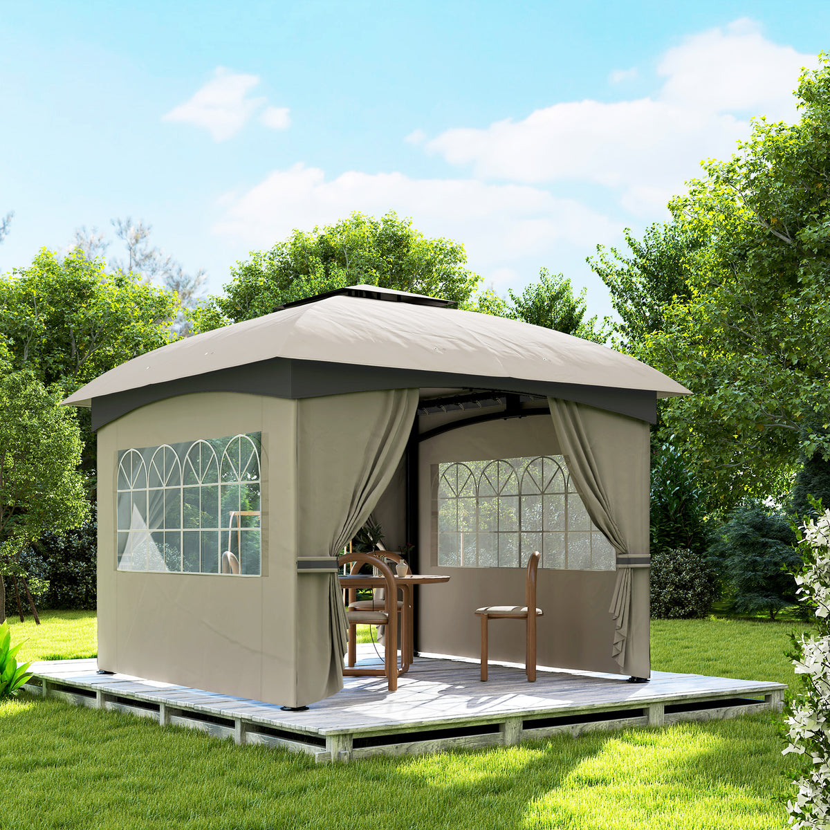 11' x 11' Outdoor Gazebo, Double Roof Patio Gazebo with Curtains, Church Windows, Galvanized Steel Frame, Light Gray