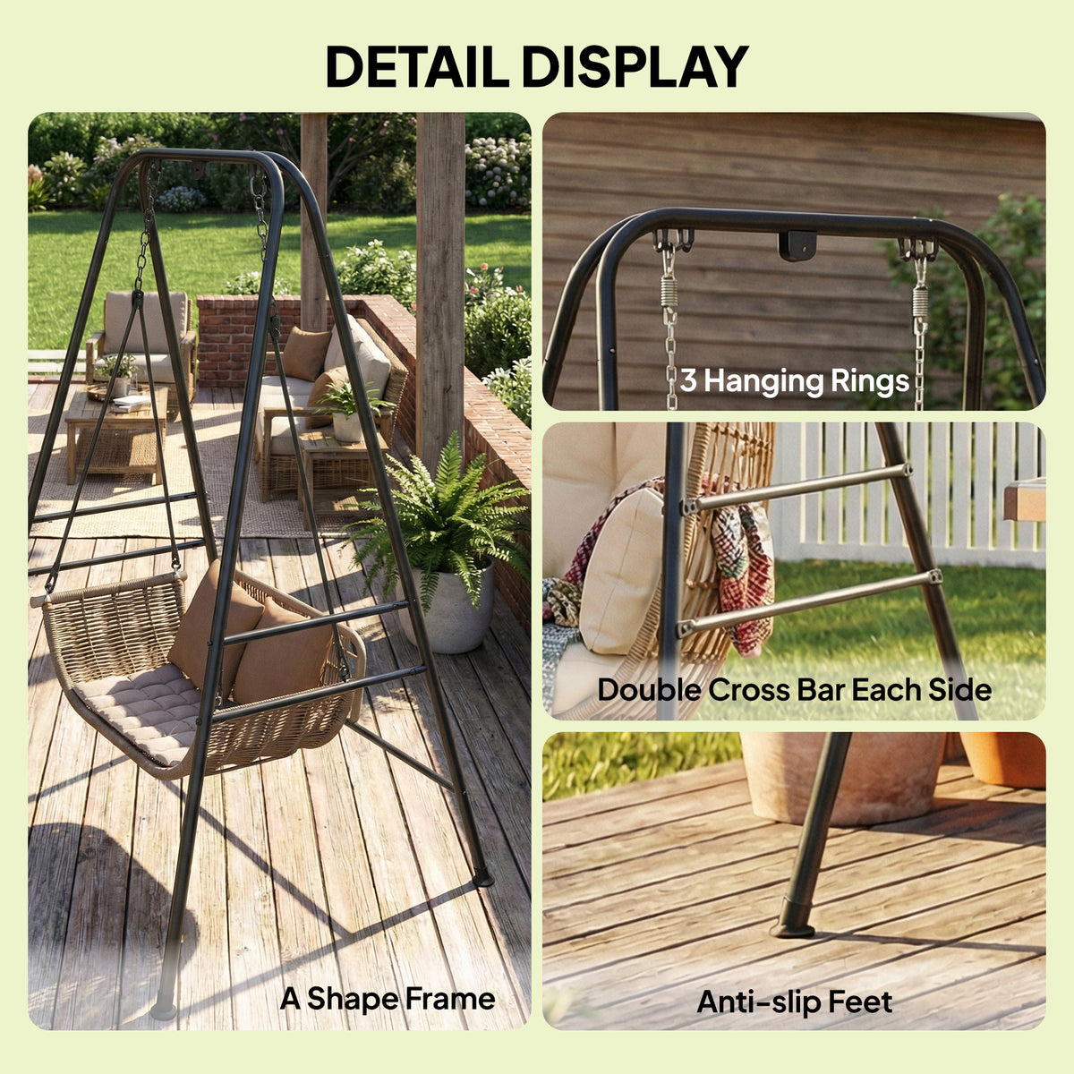 Hammock Chair Stand Indoor and Outdoor Use with Anti-Slip Foot Pads, 2 Carabiners, Black