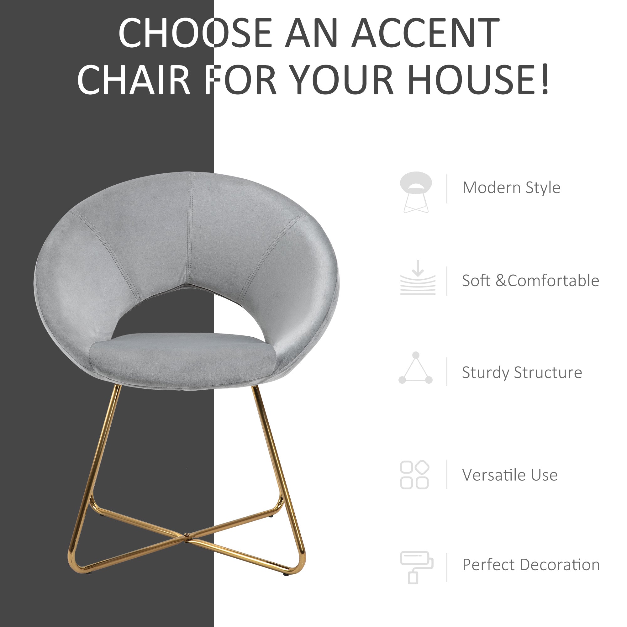 Modern Accent Velvet Chair Open Curved Mid-Back Upholstered Vanity Chair with Gold Plating Metal Legs Gray