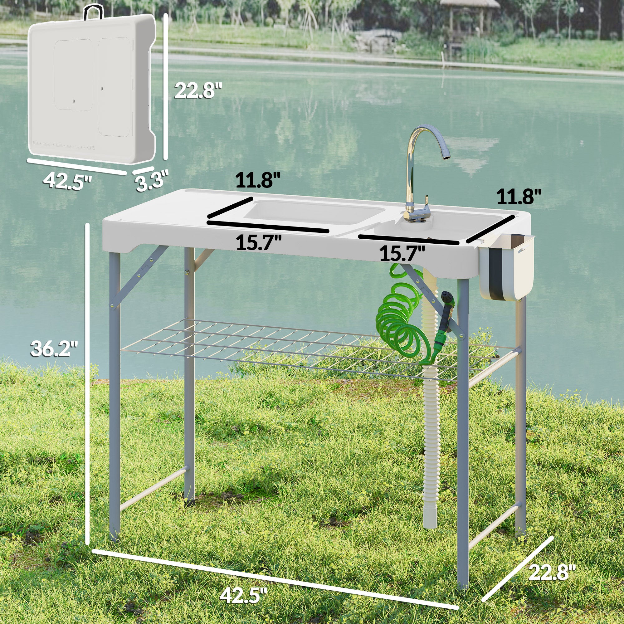 Folding Fish Cleaning Table with Sinks, Portable Camping Sink Table with Faucet, Drainage Hose, Sprayer, Shelf, Drawer and Storage Basket, Outdoor Fillet Table for Picnic Beach Patio, White