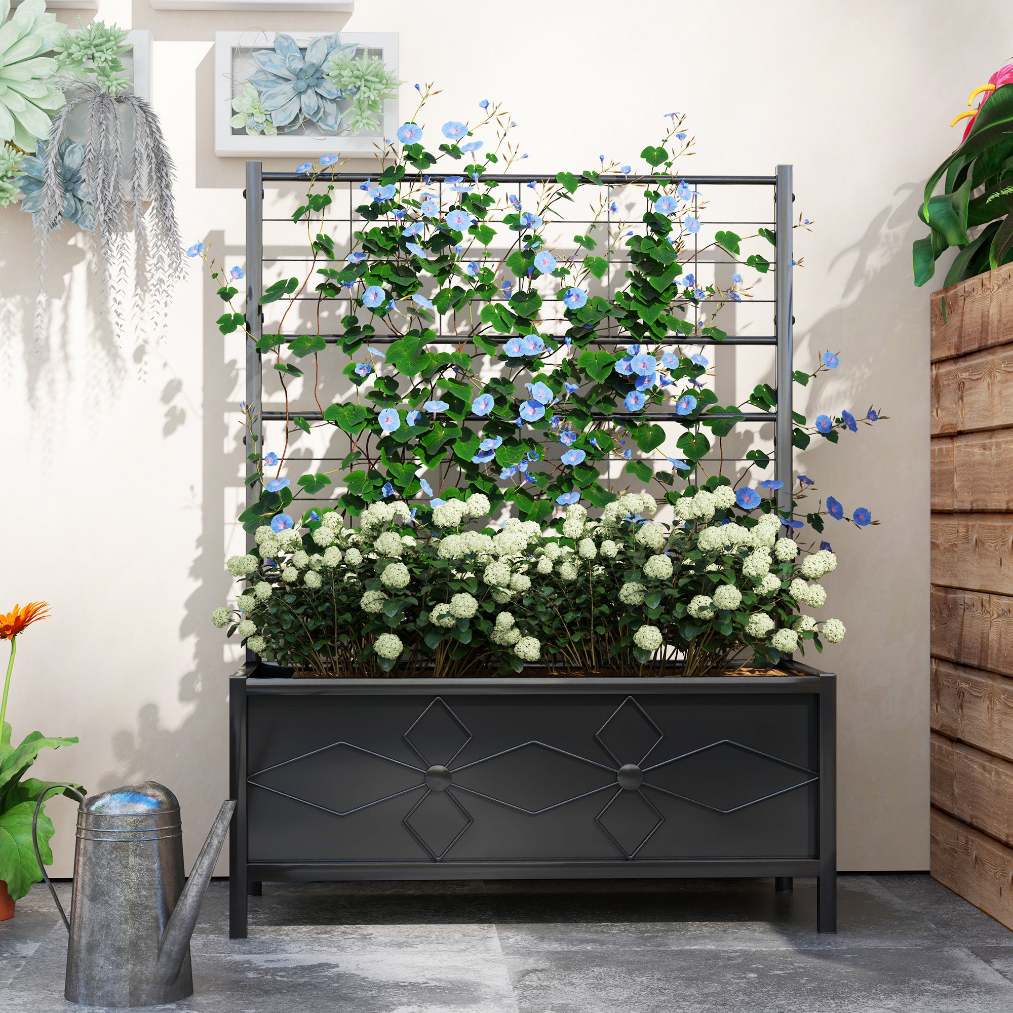 Outdoor Planter Box Galvanized Raised Garden Bed with Trellis for Climbing Vines, 35.4" x 15.7" x 47.2", Black - Black - Image 7