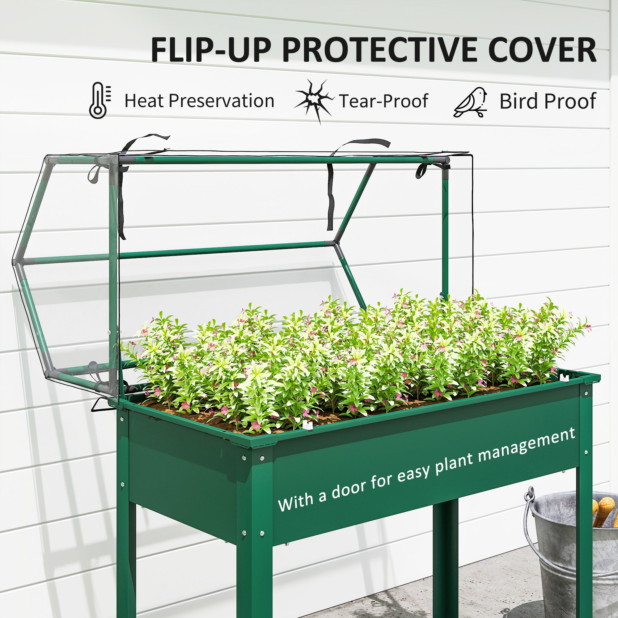 Elevated Garden Box with Greenhouse Cover, Raised Garden Bed with Legs and Drainage Hole for Vegetables, Green - Green - Image 4