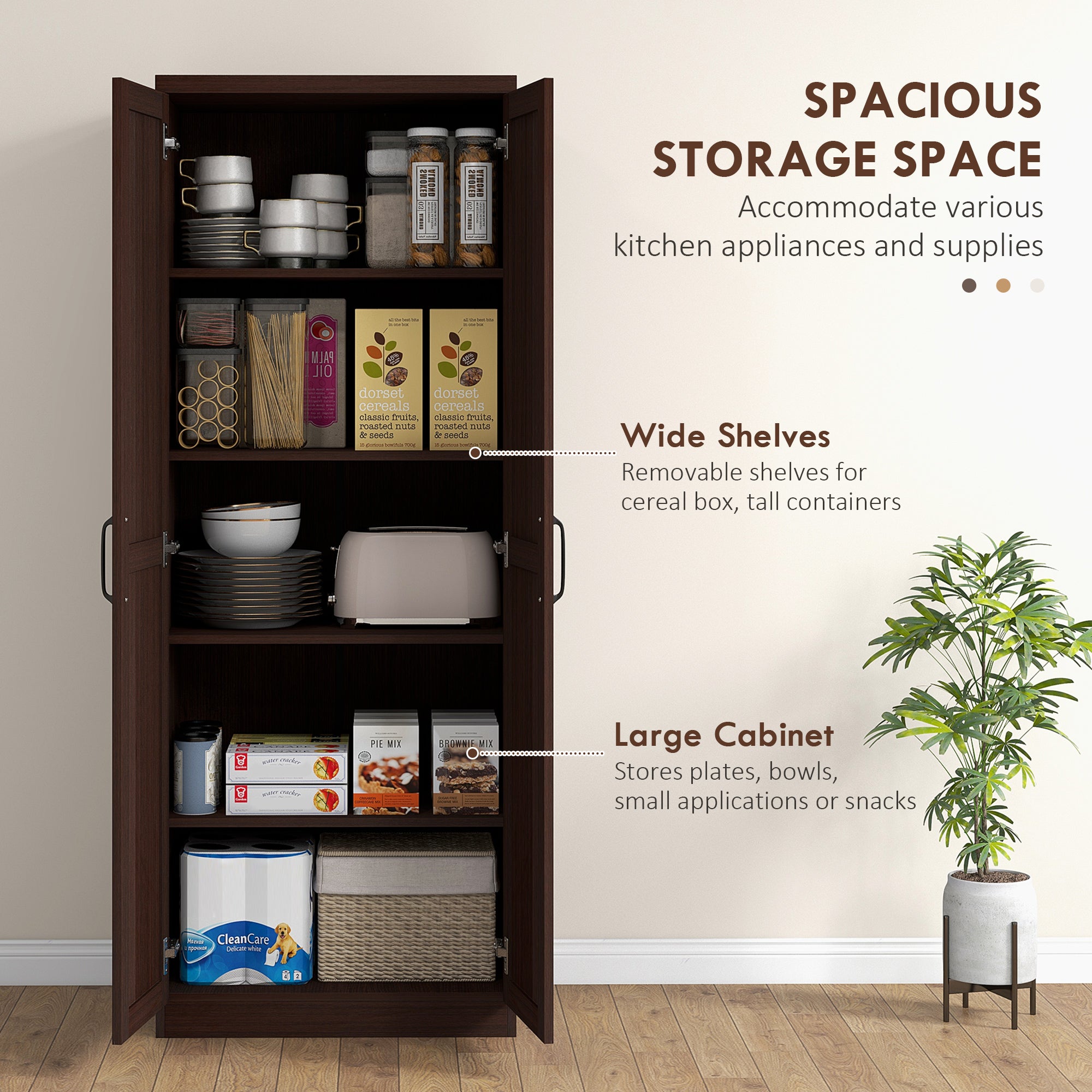 63" 2-Door Kitchen Pantry, Freestanding Cabinet with 2 Adjustable Shelves for Dining Room, Cinnamon Cherry Wood Grain