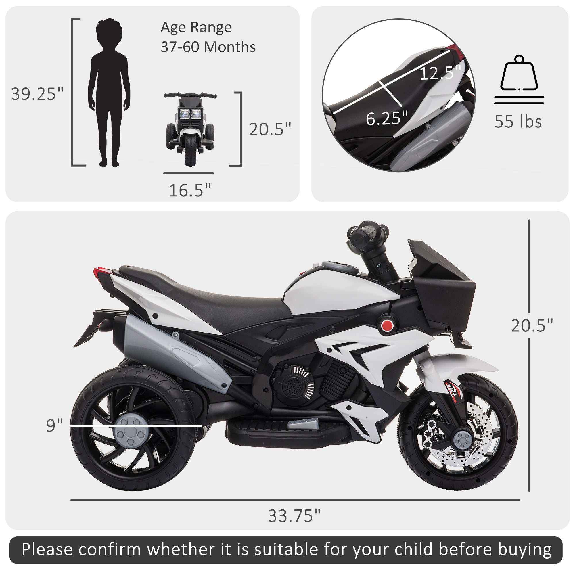 6V Kids Motorcycle Toddler Ride-on Toy, High-Traction Battery-Operated Mini Electric Motorbike with Forward/Reverse Switch, Music, Headlights, Horn, White