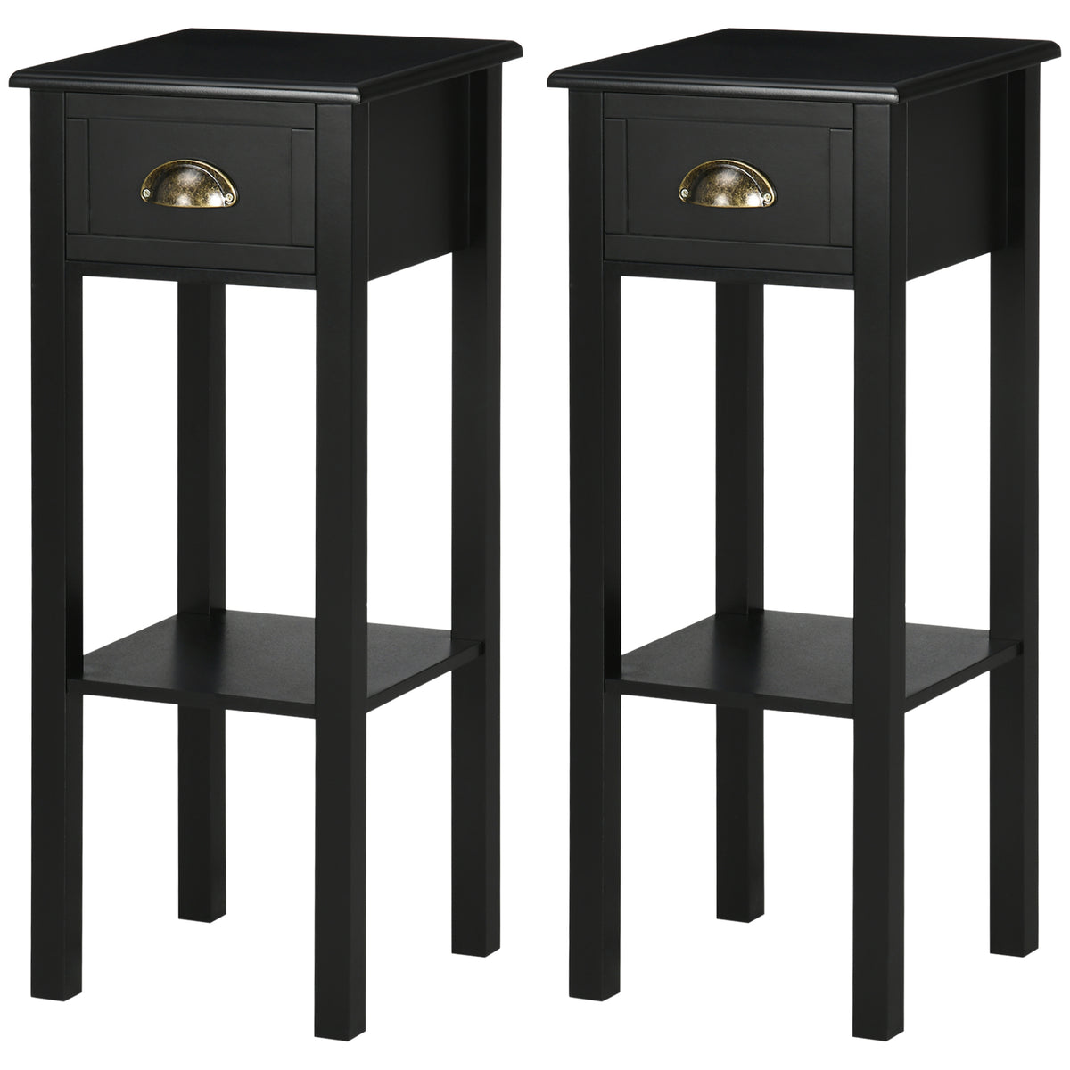 2-Tier Nightstand, Side Table with Drawer and Shelf for Living Room or Bedroom, Set of 2, Black