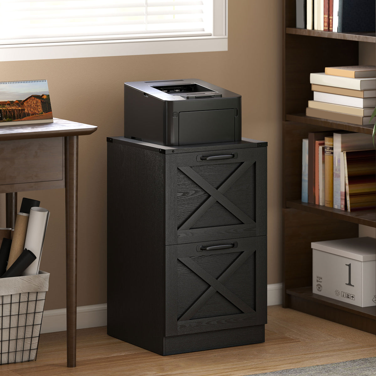 Vertical Storage Drawers Farmhouse X Pattern Printer Stand Fits Letter Files 2 Drawers Black