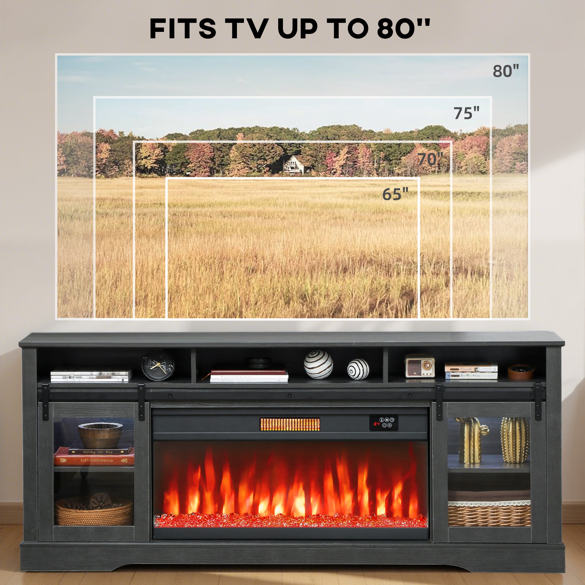Fireplace TV Stand for TVs Up to 80 Inch, TV Console with Electric Fireplace, Open Storage and Side Cabinets, Gray