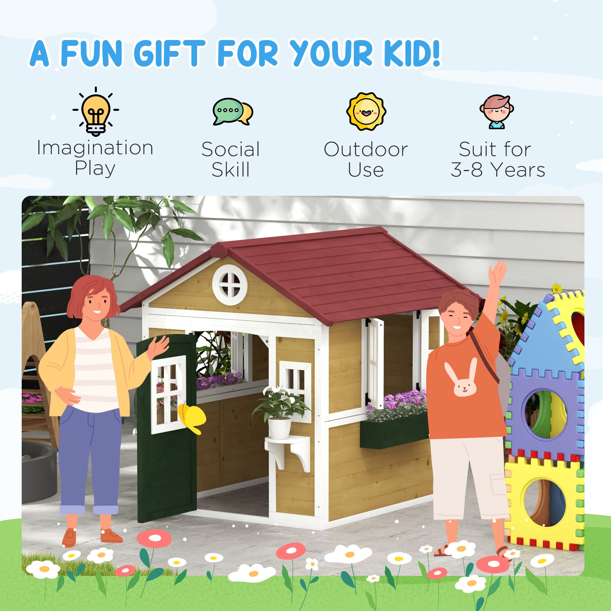 Wooden Playhouse for Kids Outdoor with Doors, Windows, Planter Pots and Boxes for Toddlers 3-8 Years, Beige